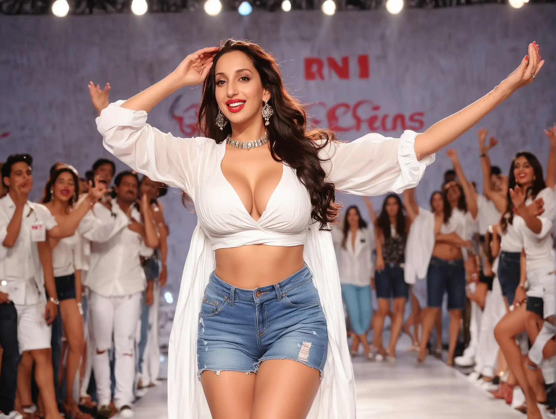 Nora Fatehi Modeling White Blouse and Jeans Shorts on Catwalk | AI Image  Generator