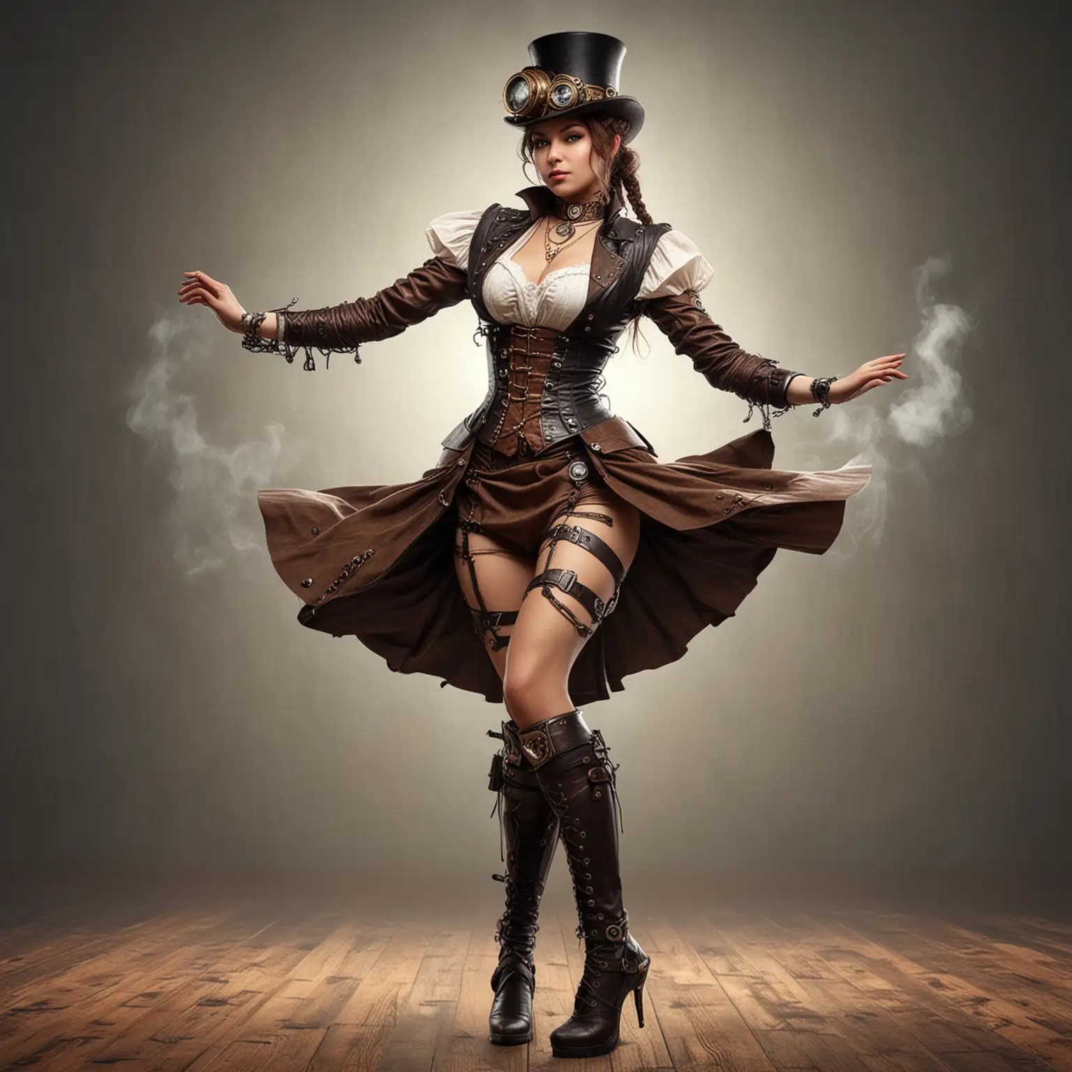 realistic beautiful steampunk woman dancing.