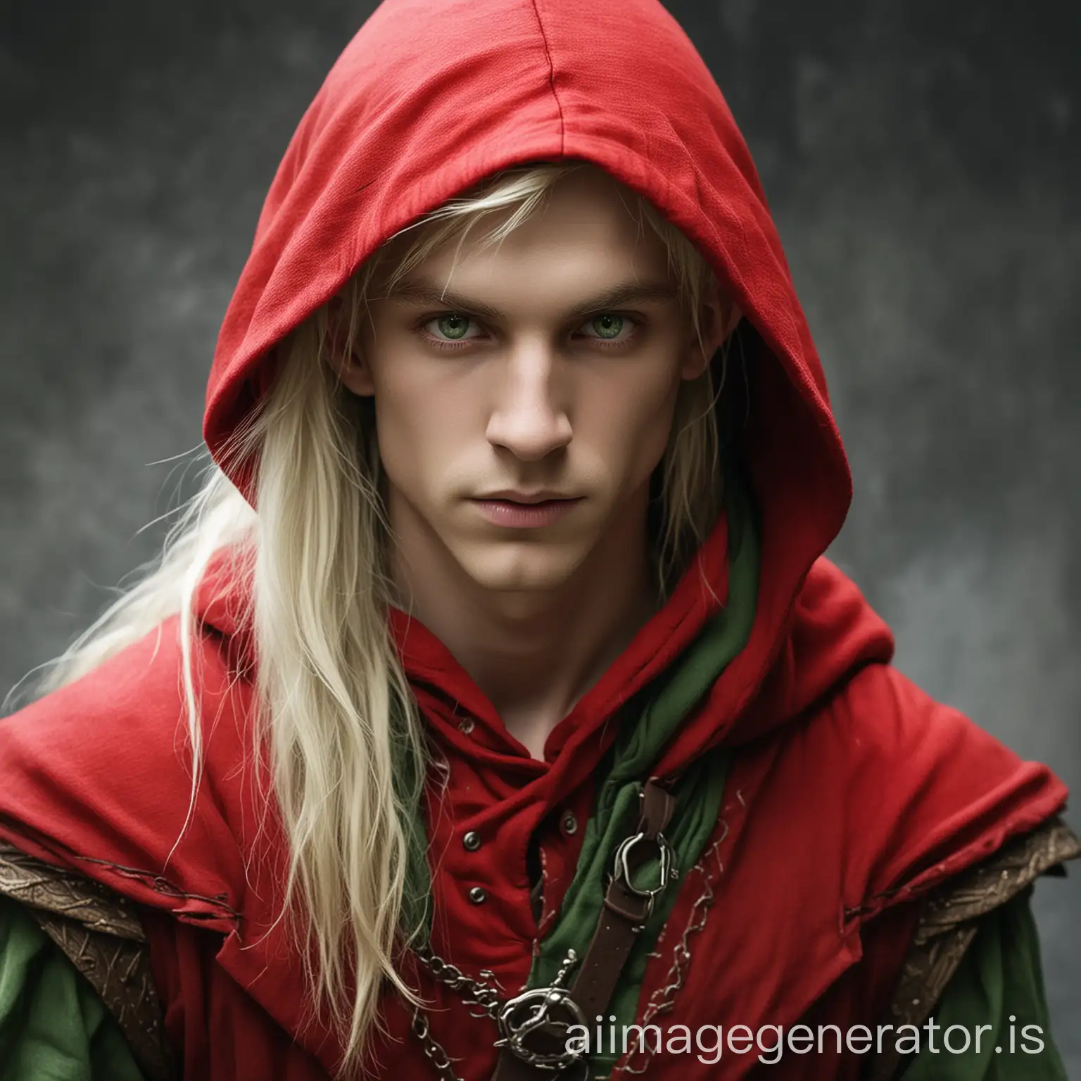 young tall male blonde elf with a red hood and green eyes. Long hair. Not a friendly face