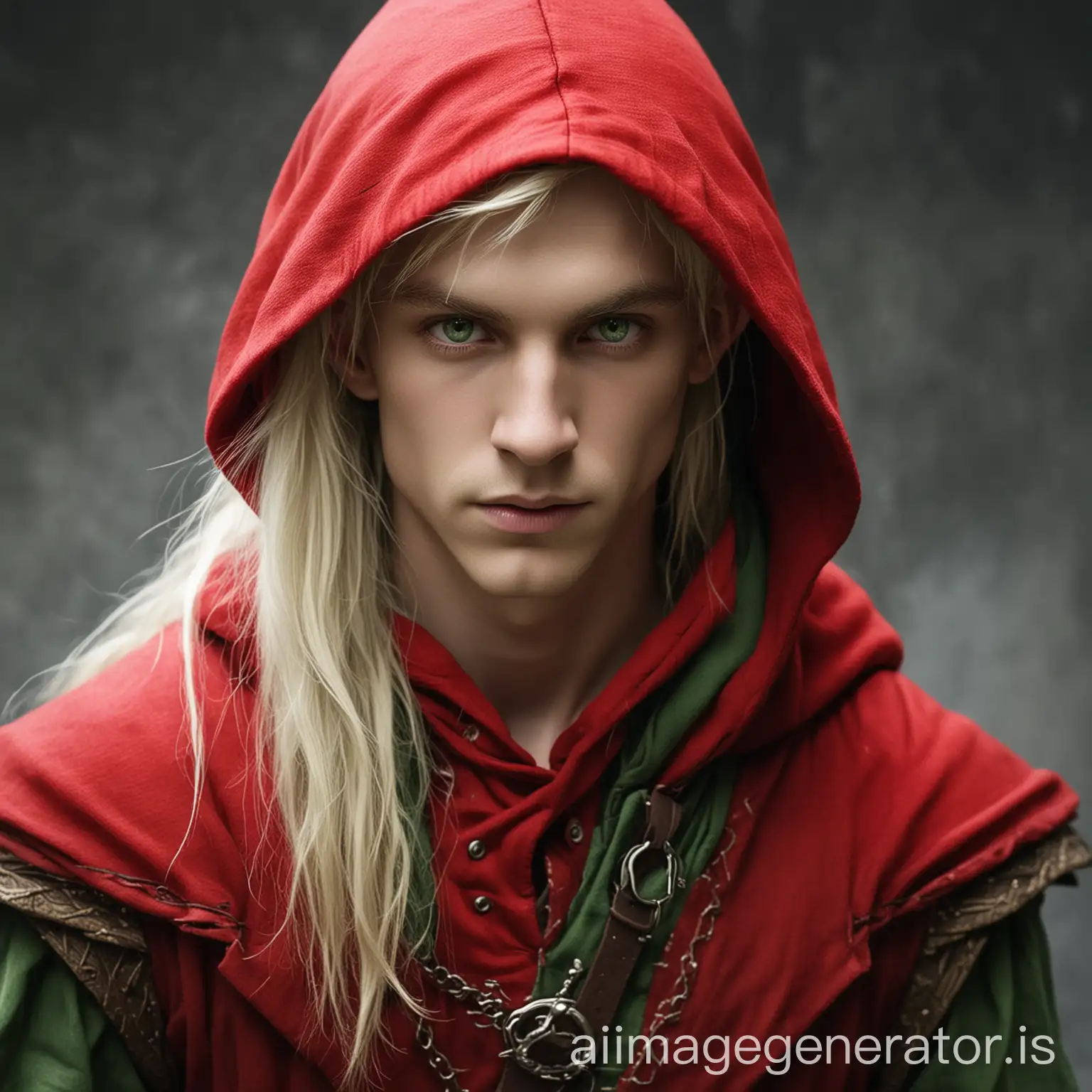 Mysterious Blonde Elf with Intense Gaze in Red Hood | AI Image Generator