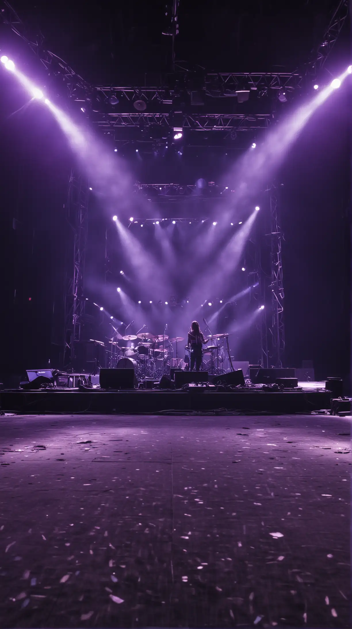 looking straight in dead center at an empty rock concert stage with purple and blue stage lights shining down on the empty stage