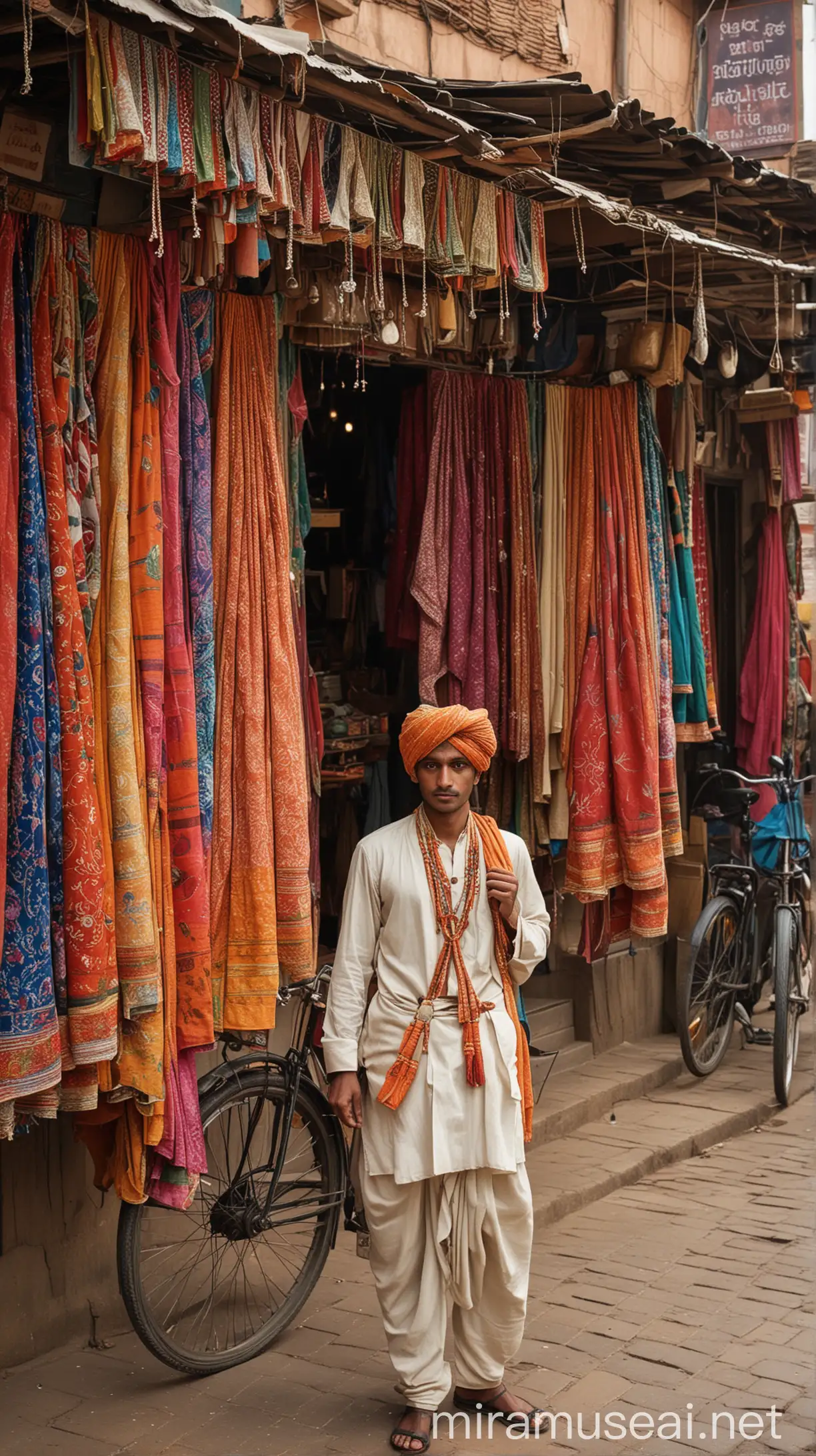 The image features a 20-year-old confident Rajasthani clothing seller standing proudly outside his small saree shop, situated in the bustling main marketplace of a 1970s Indian town. The shop is a quaint, modest structure with a simple wooden facade and a tin roof, blending seamlessly with the vibrant market surroundings.

Outside the shop, a stunning array of sarees is displayed, hanging from ropes and hooks. The sarees are a kaleidoscope of colors and intricate patterns, showcasing the rich textile heritage of Rajasthan. Each saree, with its unique design, draws the attention of passersby.The young seller is dressed in traditional Rajasthani attire, wearing a crisp white kurta paired with a colorful turban. The turban is meticulously wrapped, featuring bright hues and intricate patterns that reflect his cultural roots.The marketplace around him is alive with activity. Stalls and shops line both sides of the street, offering a variety of goods from fresh produce to handmade crafts. People in traditional Indian clothing—women in sarees and men in dhotis and turbans—move about, negotiating prices and chatting animatedly. Bicycles and rickshaws weave through the crowd.In the background, other market stalls and shoppers fade slightly out of focus, ensuring the young seller remains the central figure. The ambient sounds of the marketplace—voices bargaining, the clinking of coins, the occasional ringing of a bicycle bell—seem almost audible, adding to the immersive quality of the image.This image captures a slice of life from 1970s India,