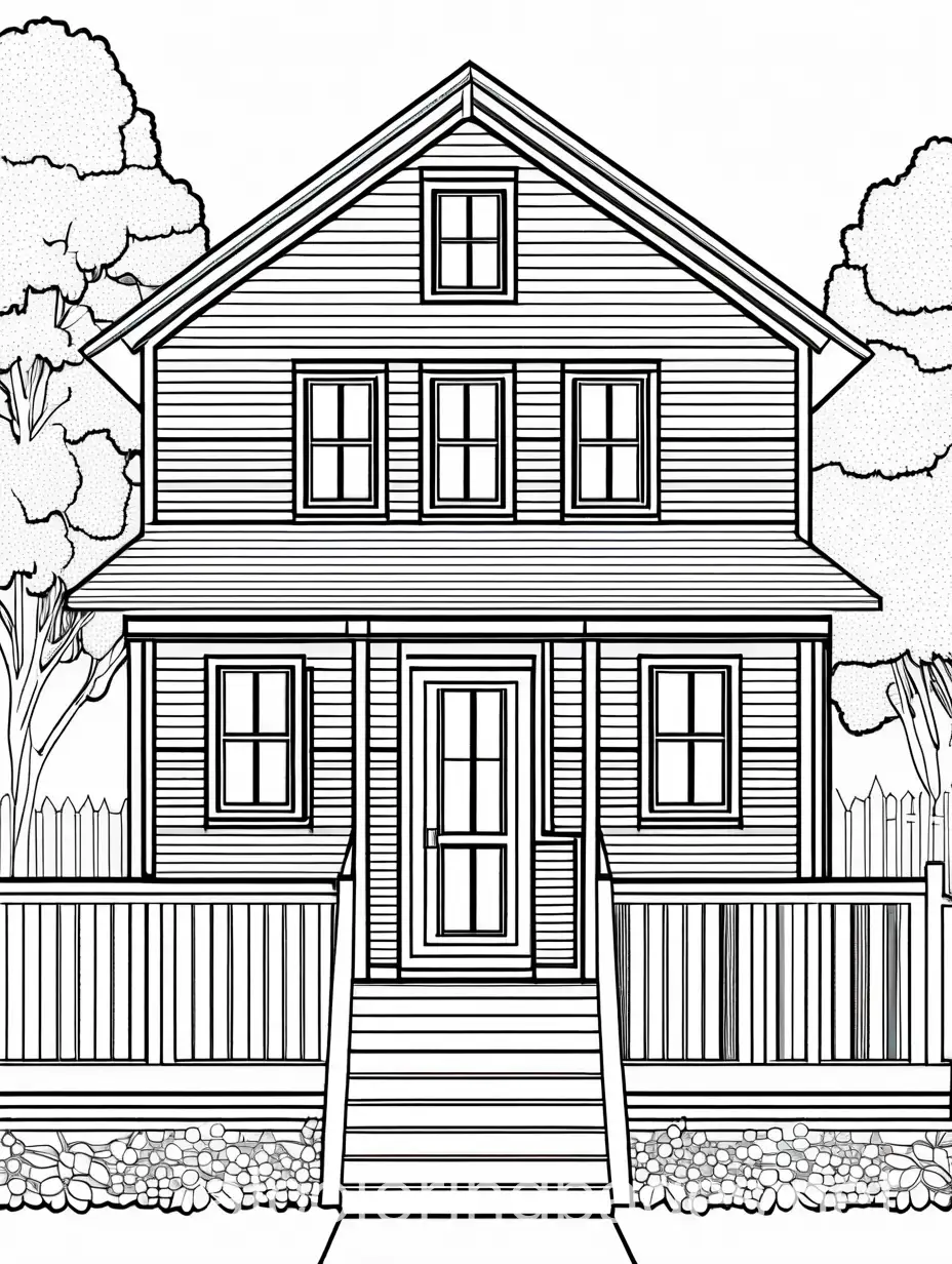 the front porch of a small house, Coloring Page, black and white, line art, white background, Simplicity, Ample White Space. The background of the coloring page is plain white to make it easy for young children to color within the lines. The outlines of all the subjects are easy to distinguish, making it simple for kids to color without too much difficulty