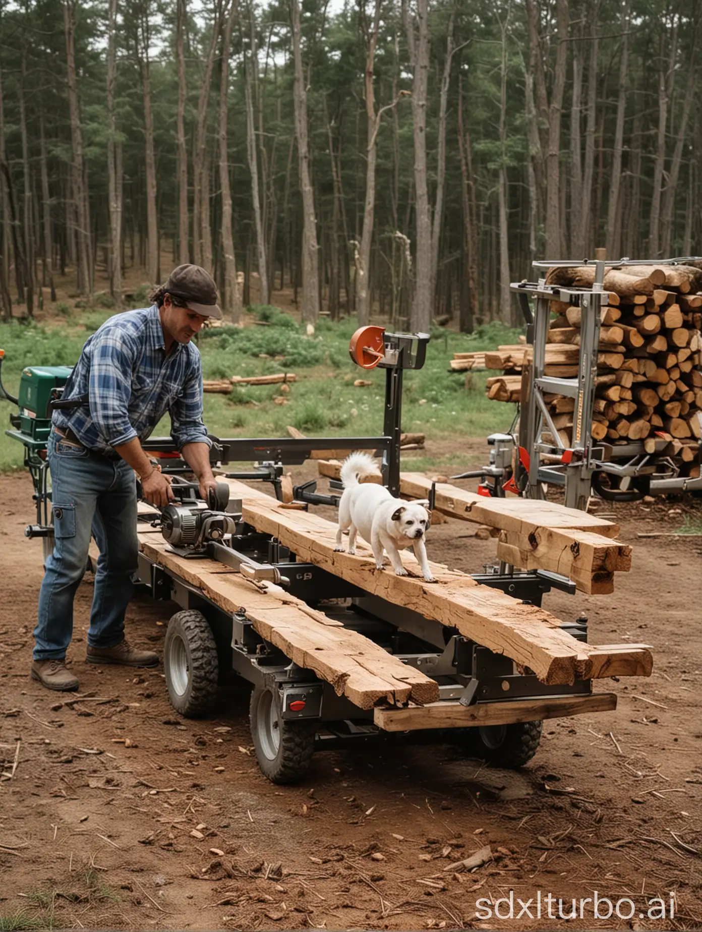 Man-Operating-Portable-Sawmill-with-Dog