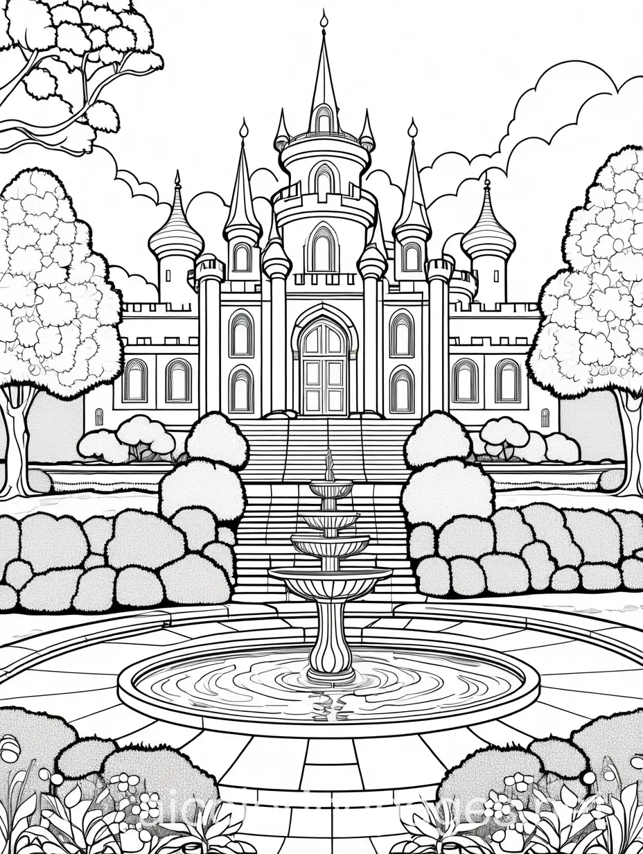 black and white outline art for kids Castle gardens with fountains and flowers  coloring book page Coloring pages for kids, full white, kids style, white background, full body, Sketch style, white background , use just outline, cartoon style, line art, coloring book, clean line art, white background , Coloring Page, black and white, line art, white background, Simplicity, Ample White Space