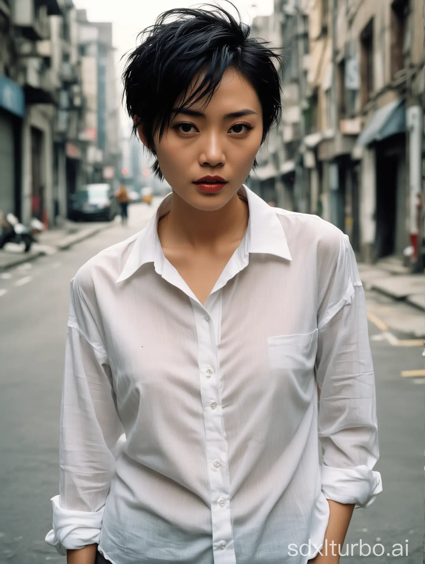 Faye Wong, 王菲, messy short hair, dark lipstick, white shirt, angled glamor pose, abandoned urban street, age 25, 1995