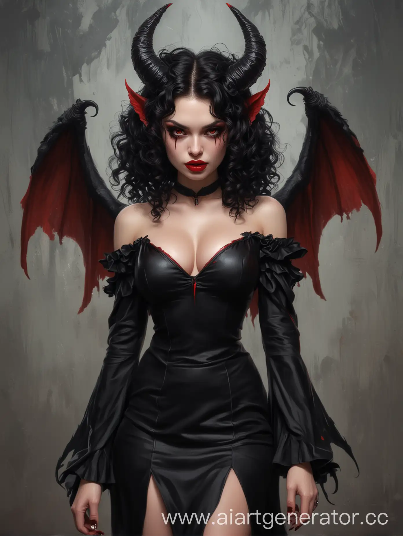 девушка демон с двумя черно-красными острыми крыльями. в чёрном платье с декольте. черные вьющиеся волосы и большие красные рога. голова прямо. Красные губы. dnd