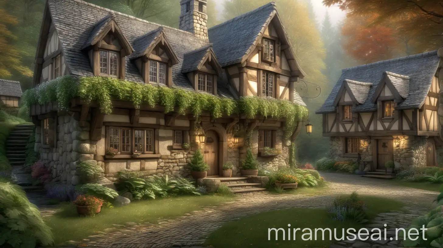 

In the heart of a dense forest, two buildings stand united by a cobblestone path. The main structure, a timbered haven with sloping roofs, channels rain into a soothing symphony. Adjacent, a quaint cottage of weathered stone and ivy whispers of ages past. As raindrops dance on leaves, the forest awakens with scents of earth and pine. Inside, fires crackle, casting warmth amidst the patter of rain, offering solace from the wild embrace outside.
