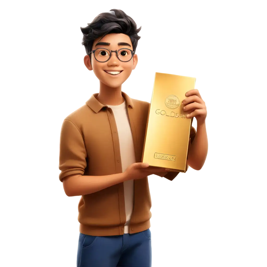 A cartoon asian boy holding 1kilogram Public Gold Goldbar