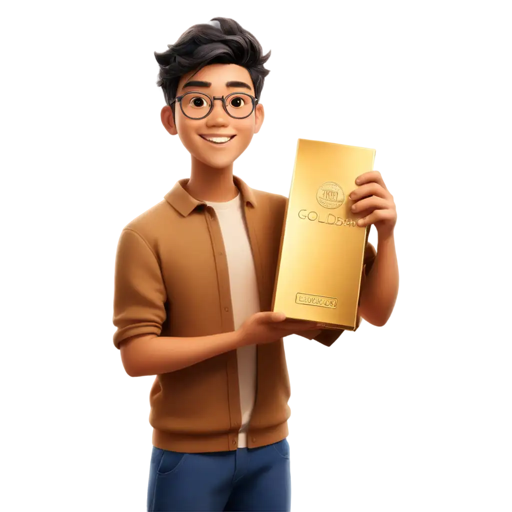 Cartoon-Asian-Boy-Holding-1-Kilogram-Public-Gold-Goldbar-PNG-HighQuality-Image-for-Online-Content