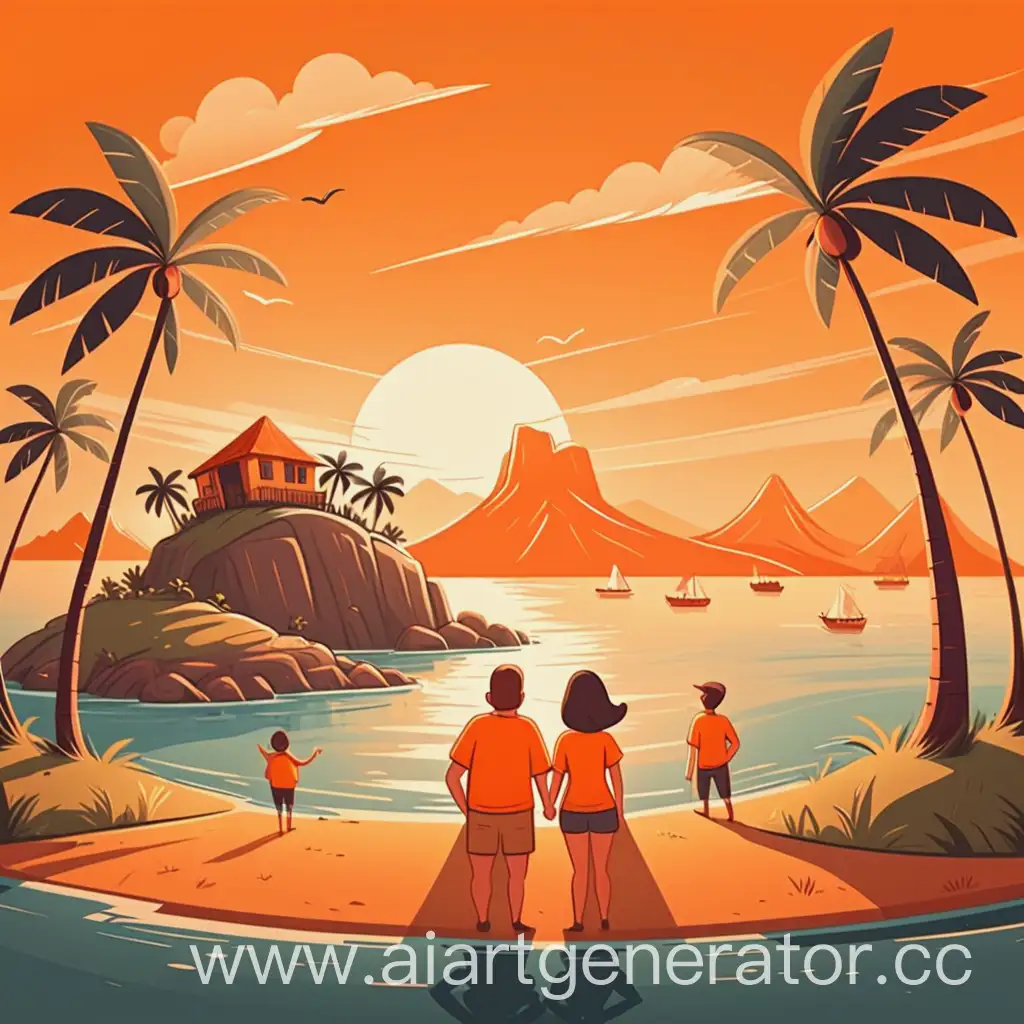 изобрази остров дружбы с людьми в мультяшном стиле, фон, что-то в теплых тонах, ближе к оранжевому