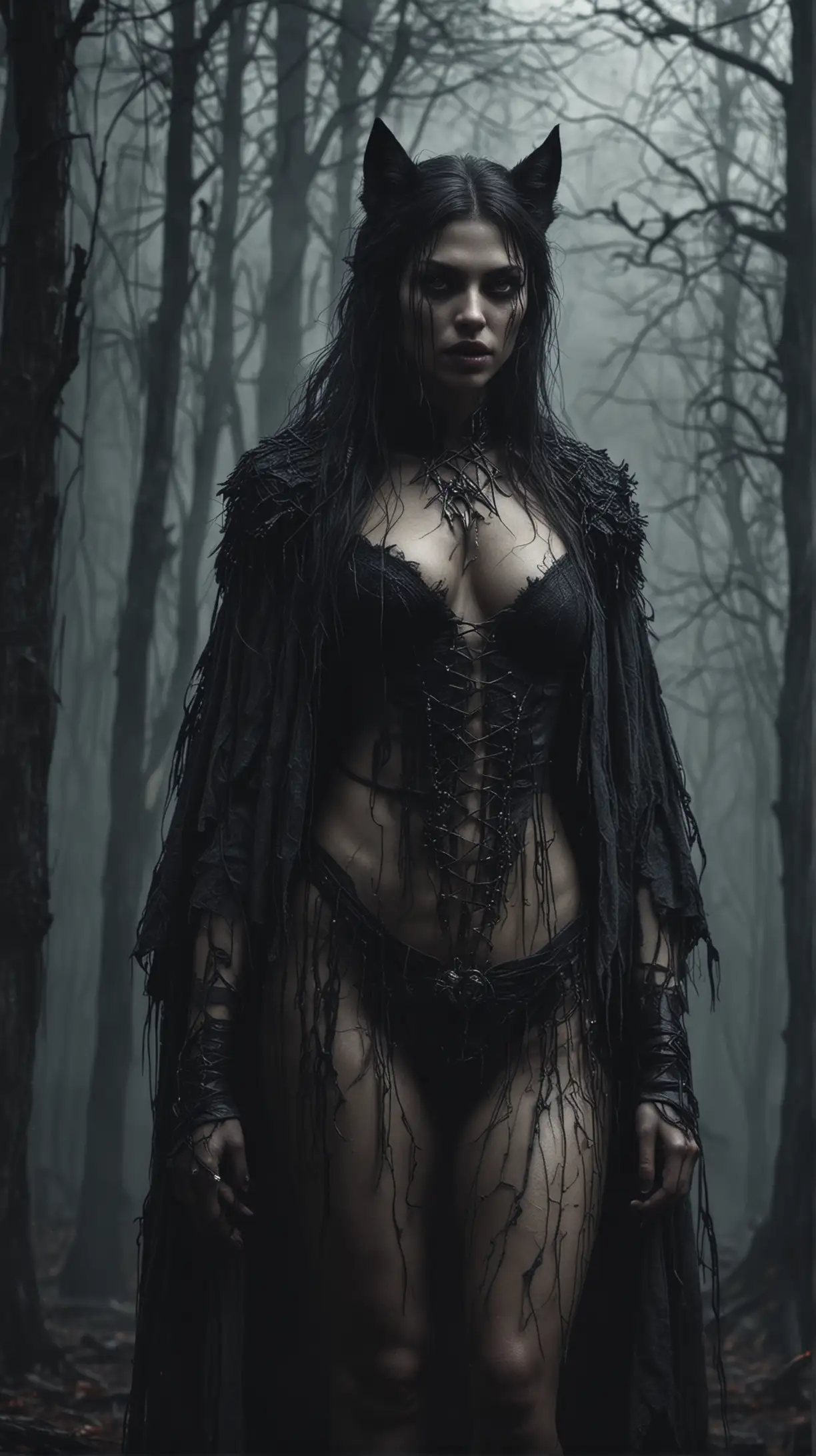 A hybrid of wolf and vampire woman in a misty dark wood,darkness Electronic, Photo realistic,dark apocalypses cityscape backdrop, cinematic, HDR.close up view
