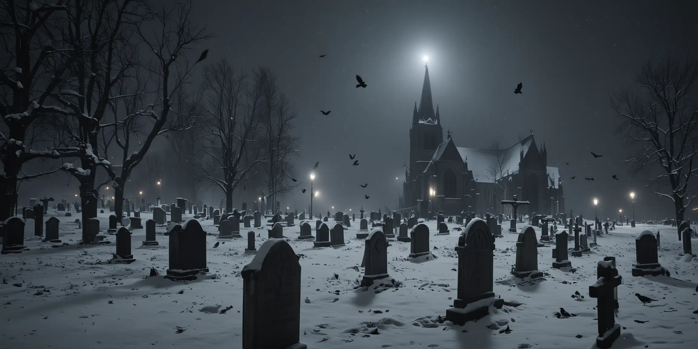 Gothic church graveyard covered in snow, crow, night