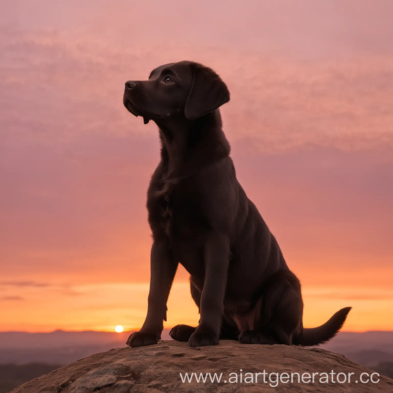 Представьте фотографию, на которой щенок лабрадора смотрит на восход солнца. Он сидит на вершине холма, его силуэт вырисовывается на фоне розово-оранжевого неба. Щенок смотрит вдаль с видом, полным надежды и ожидания. Его поза расслаблена, но в то же время в ней чувствуется готовность к новым приключениям.
