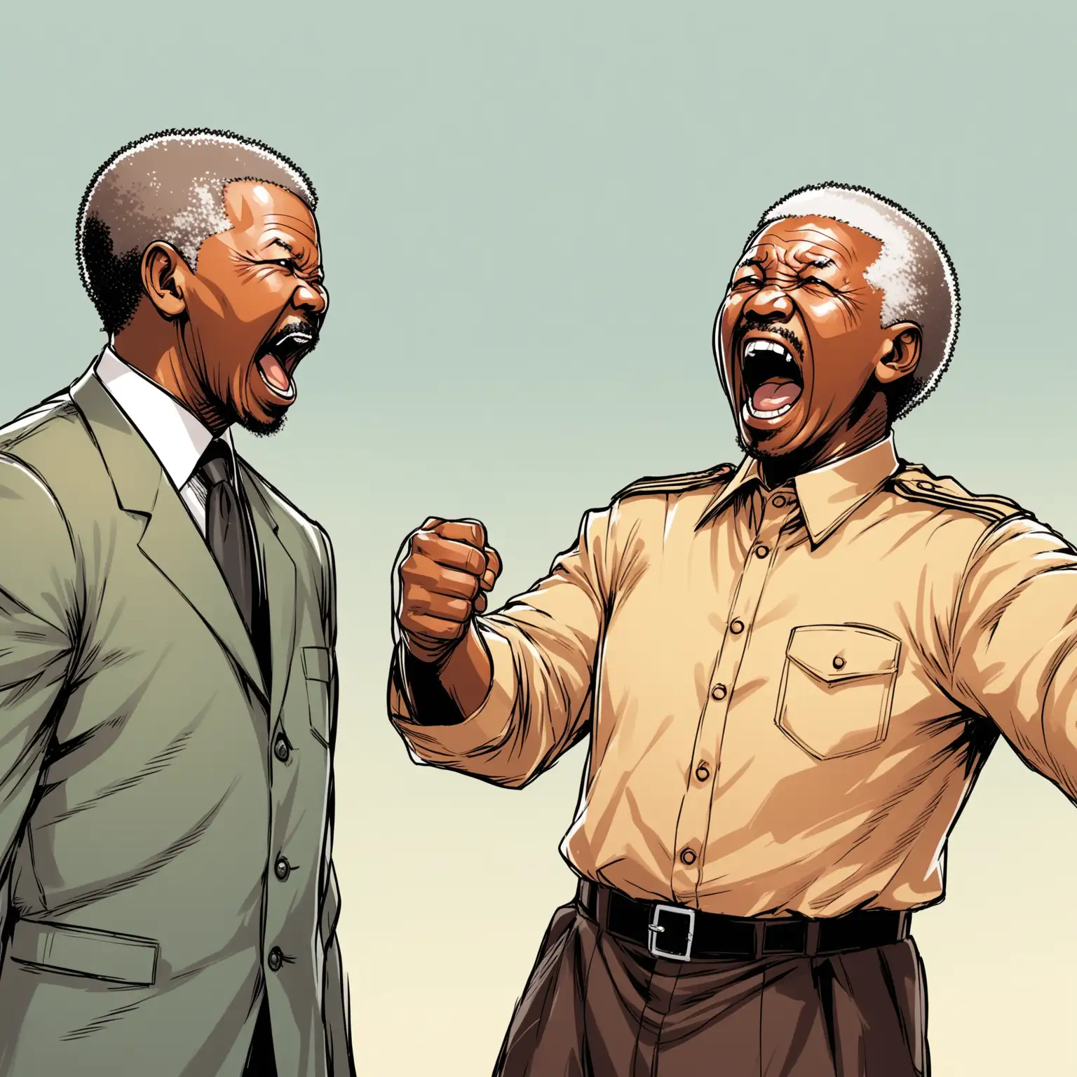 Illustrate a photo of a black and white person arguing 
 and Nelson Mandela, seeing this and stopping the two people arguing. Background should be africa. Cartoon style.