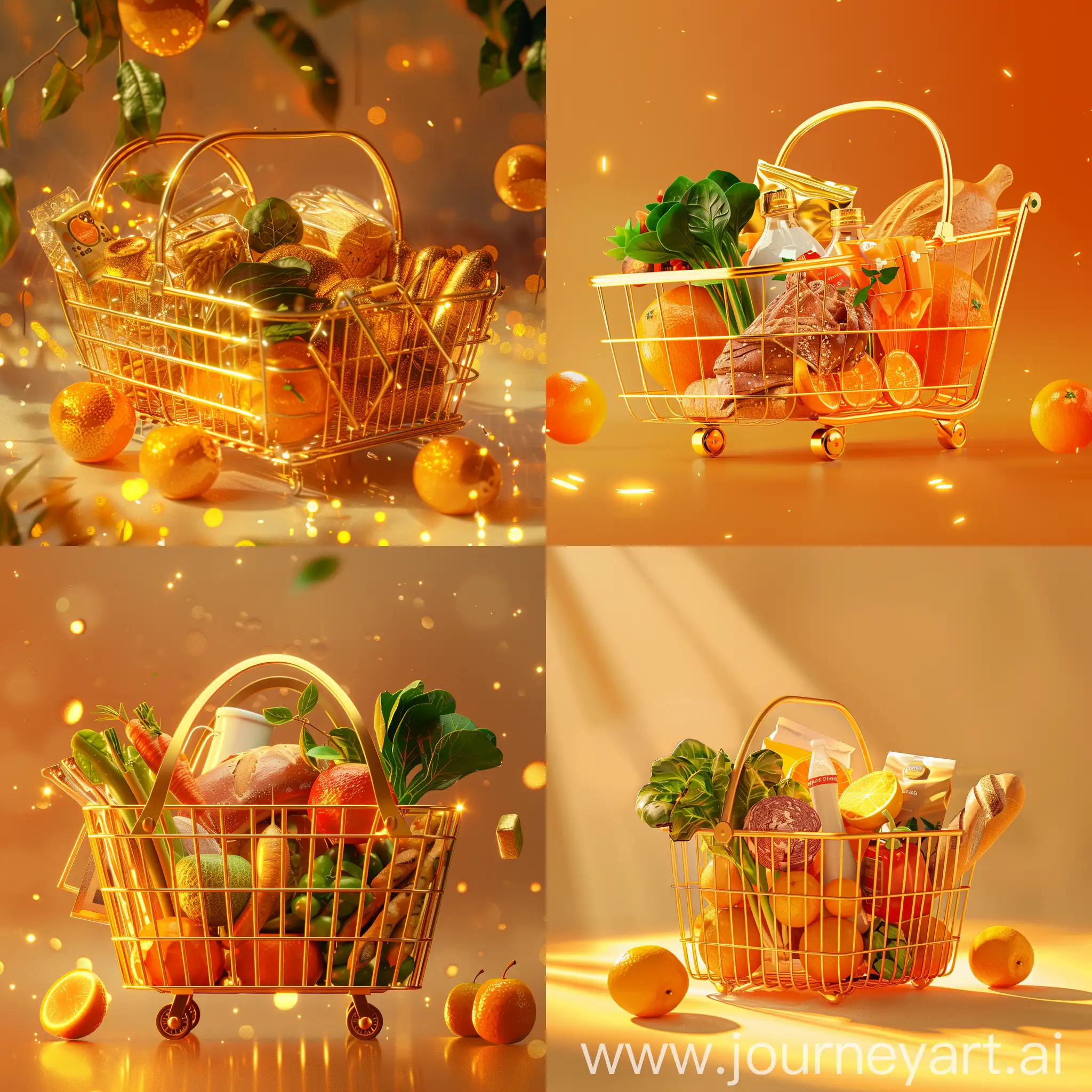 Golden-Shopping-Basket-with-Groceries-on-Orange-Banner