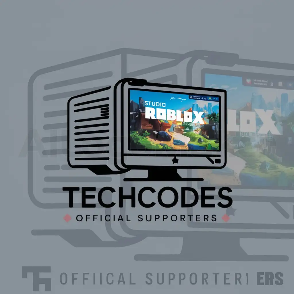 a logo design,with the text "TechCodes Official Supporters", main symbol:Gaming Computer with Roblox studio on the screen,Moderate,clear background