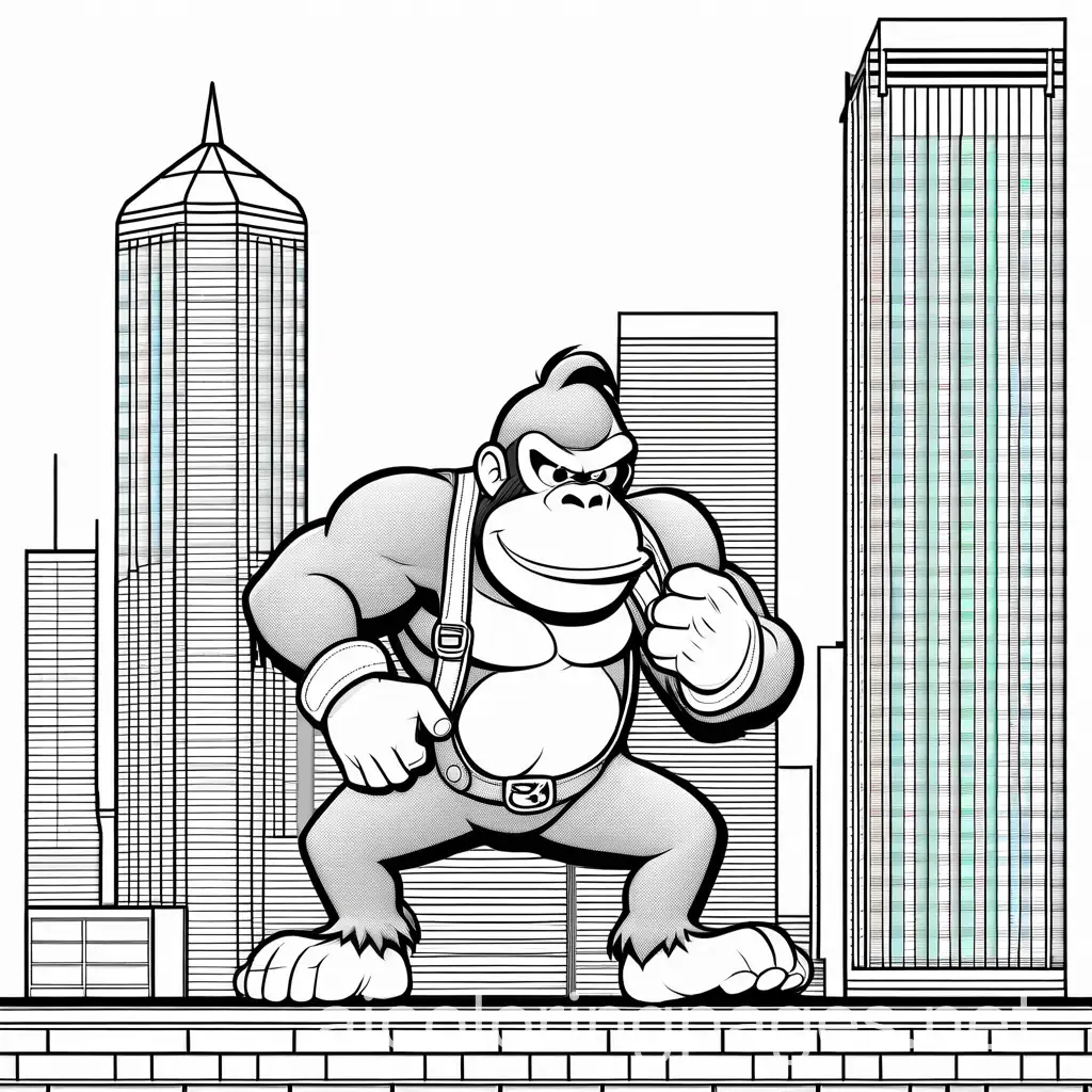 Donkey kong standing on building , Coloring Page, black and white, line art, white background, Simplicity, Ample White Space. The background of the coloring page is plain white to make it easy for young children to color within the lines. The outlines of all the subjects are easy to distinguish, making it simple for kids to color without too much difficulty