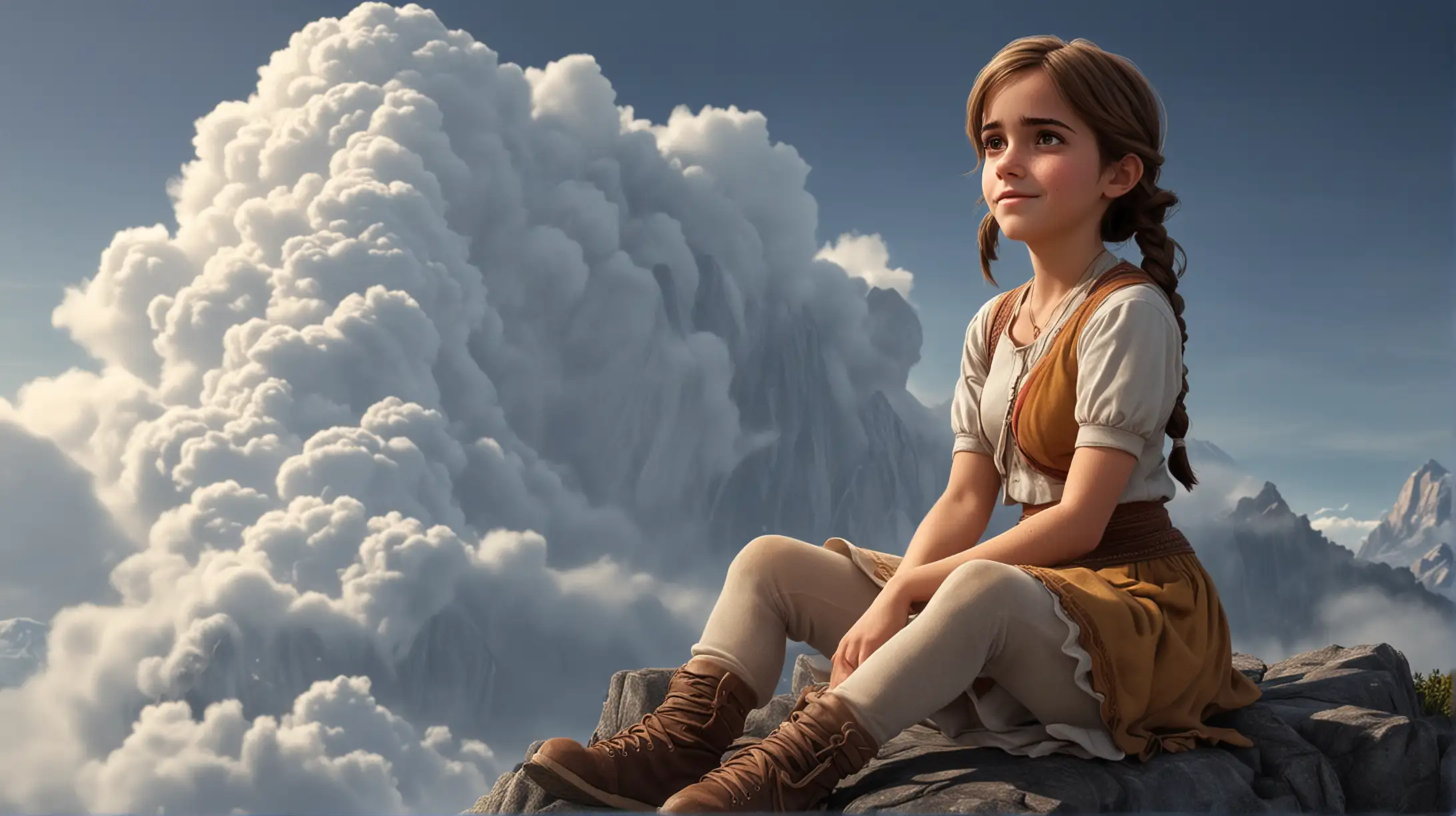 cartoon, Emma Watson as indian girl sit on top of a mountain, close-up, clouds, fog, pigtails