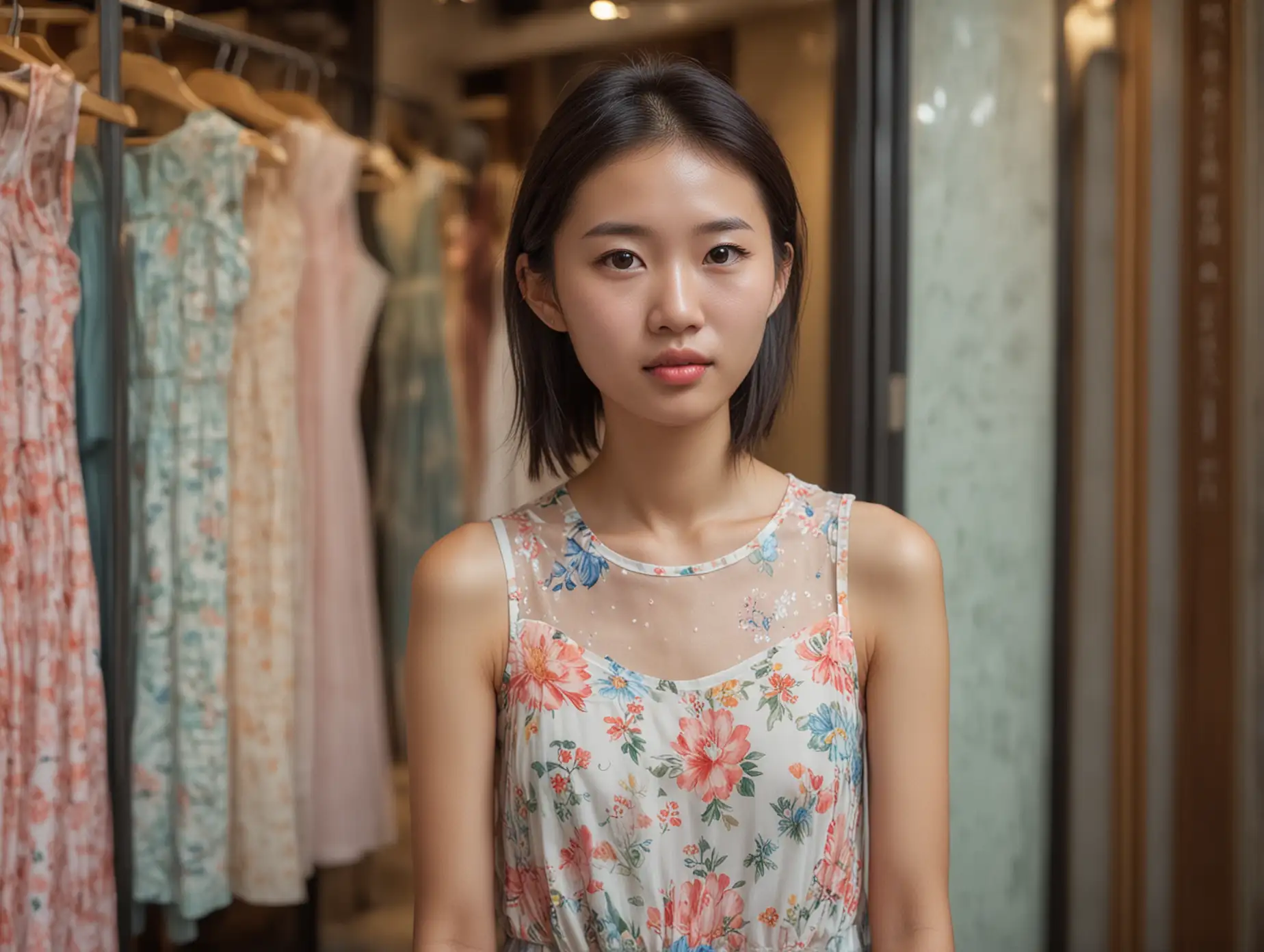 close face of an angelic sweet shy skinny young chinese woman wearing a summer dress in a boutique in shanghai stunned and blushing, staring pleadingly and soulfully at the camera.