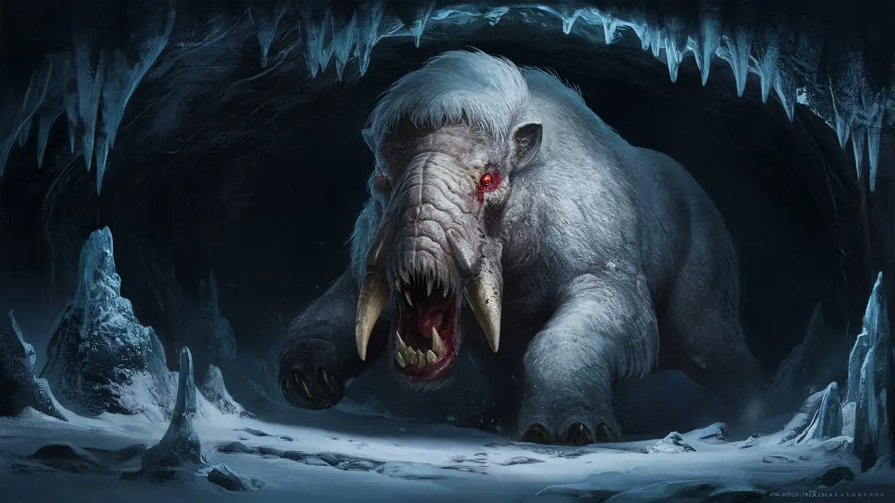 Carnivorous WhiteFurred Mastodon in Underground Snowy Cave