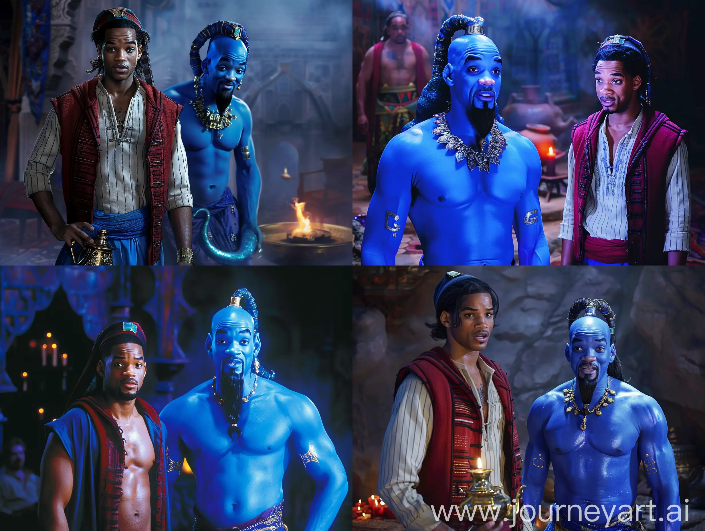The genie stands in front of Aladdin,the big blue genie Will Smith from the lamp stands in front of Aladdin