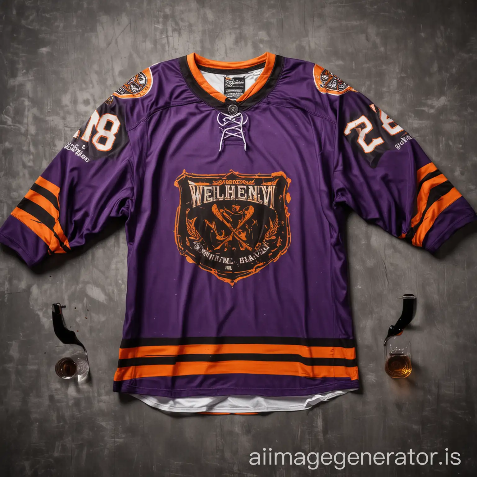 Hockey jersey, purple and black and orange, logo of broken whiskey glass, full sublimation