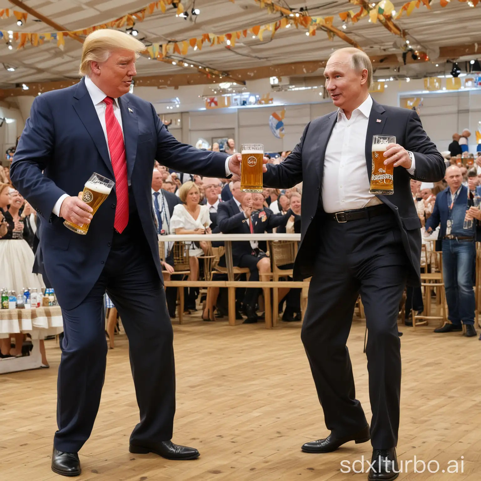 Donald Trump and Vladimir Putin dancing with beer at the Munich Oktoberfest