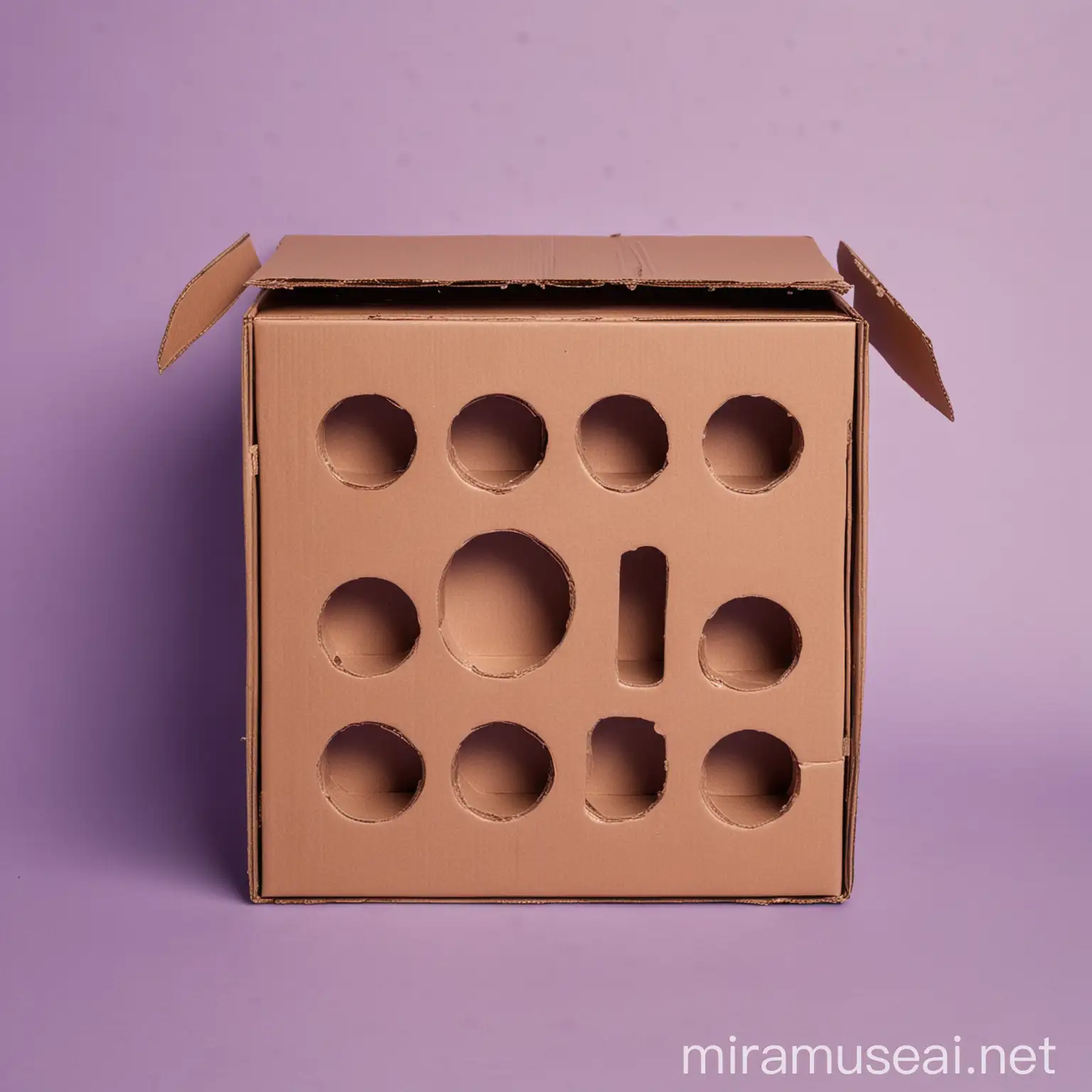 Closed Cardboard Box with Five Round Holes on Lilac Background