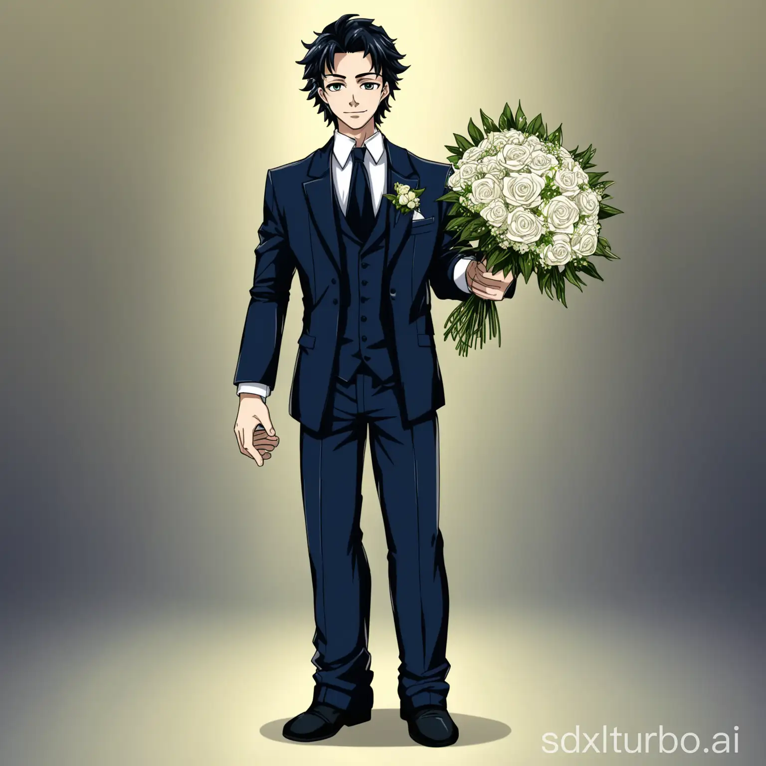 Make me a picture of a man wearing a wedding suit, And holding flowers in his hand make a full body, make an HD picture, in anime style