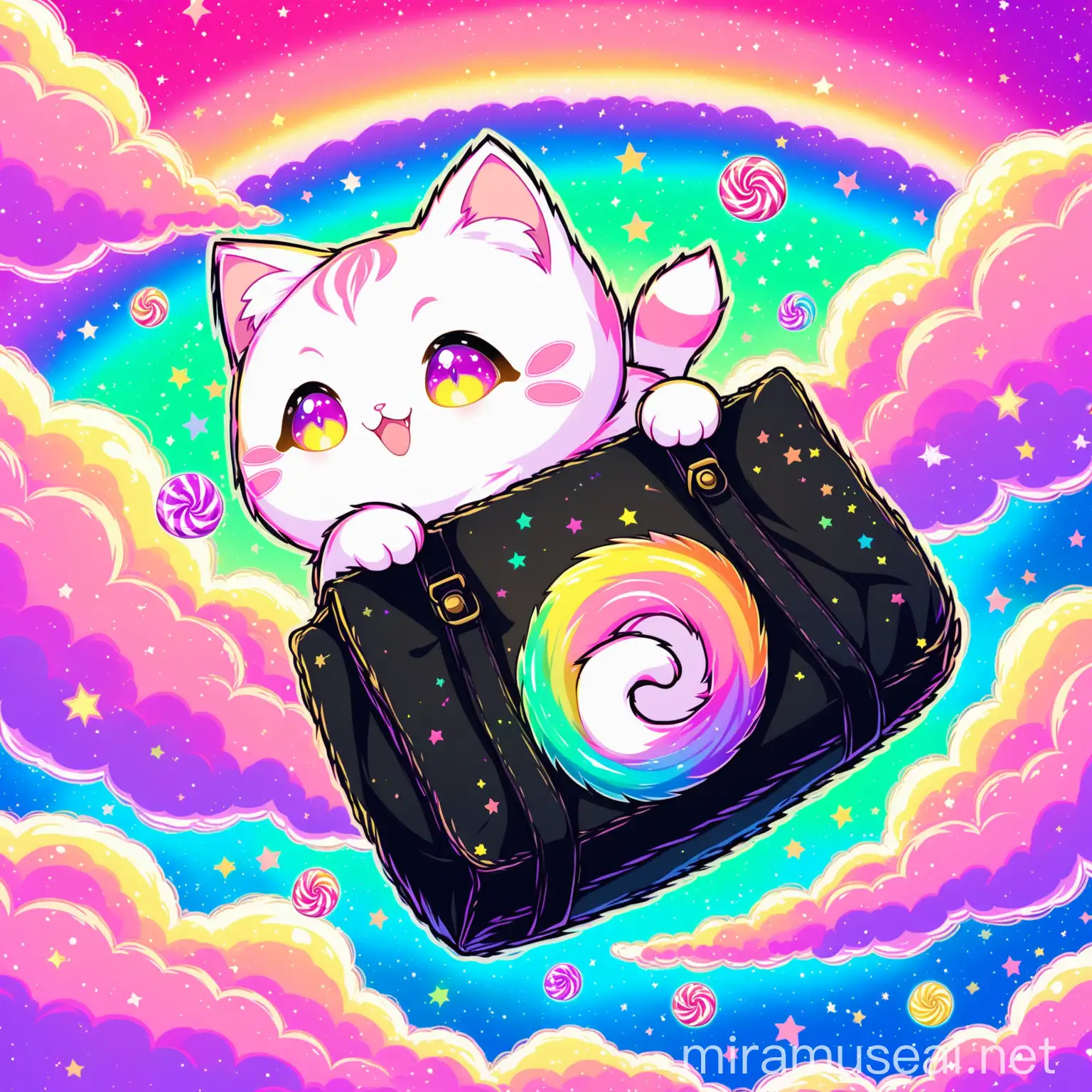 yuru-kyara cat escaping from a large black bag style of multicolor candy colors sky clouds magical fantasy psychedelic kawaii