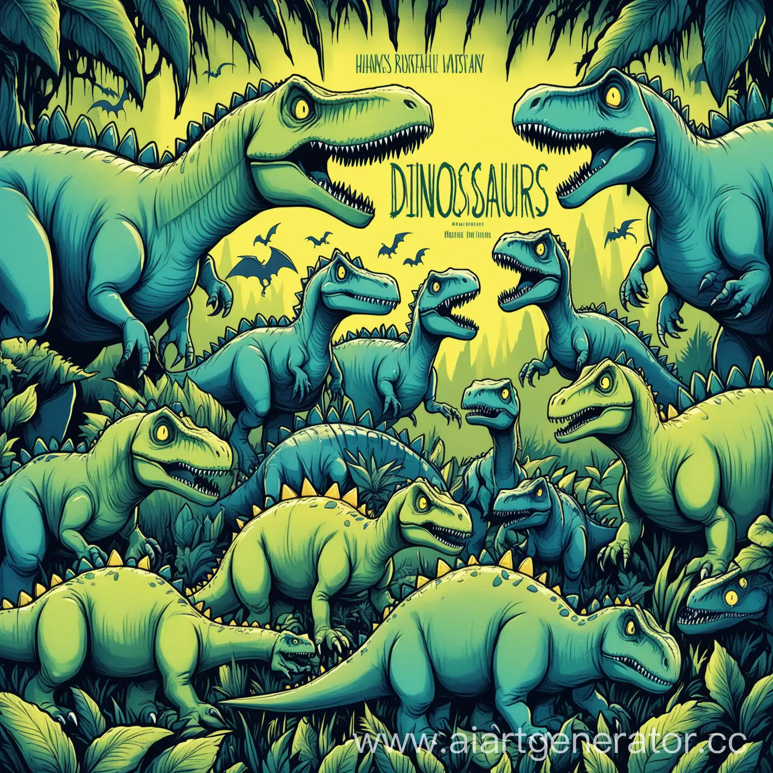 Scary-Mini-Dinosaurs-Roaming-in-a-Yellow-and-BlueGreen-World