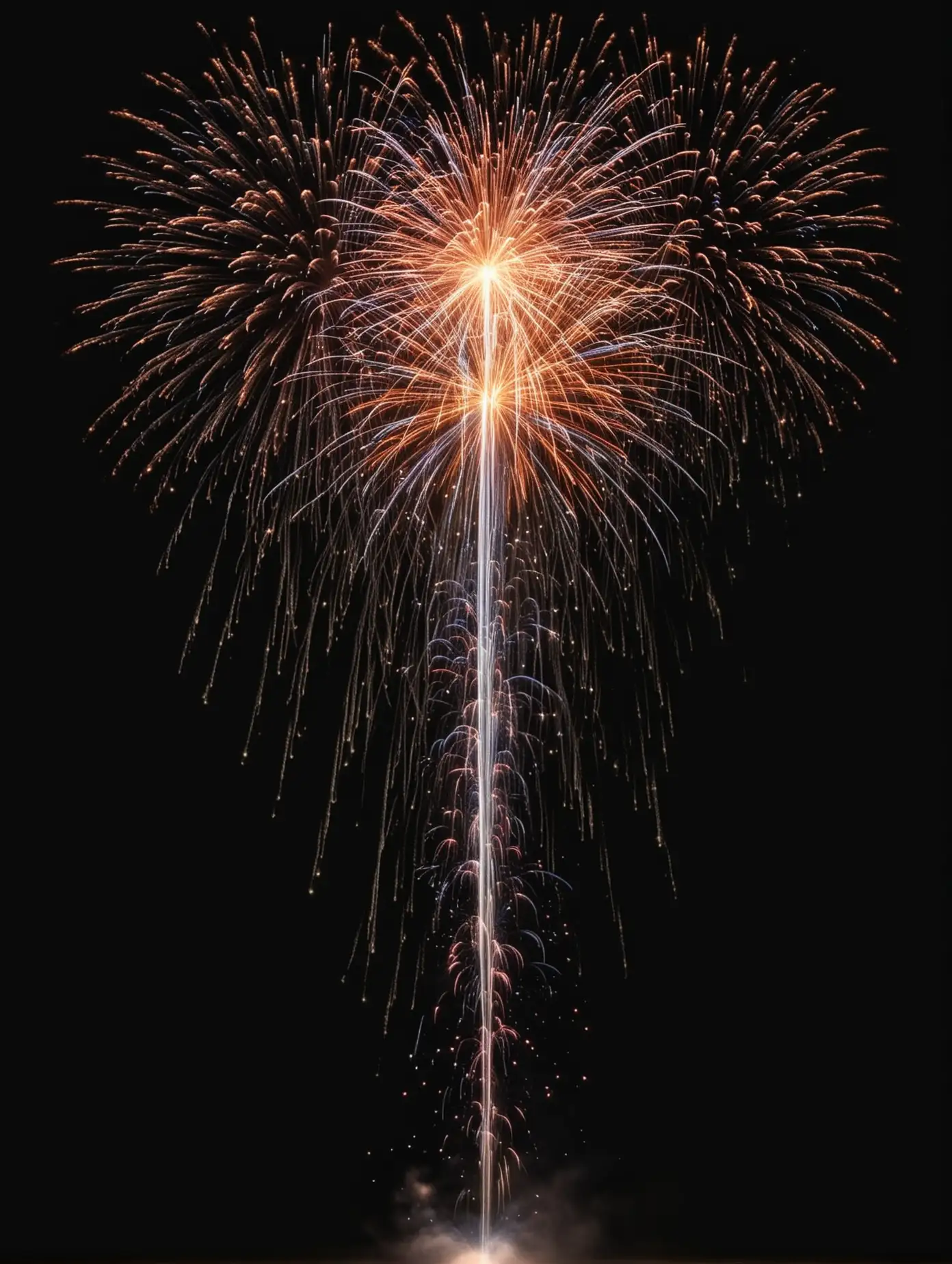 long falling, multiple cascading firework falling with pure black background all within photo
