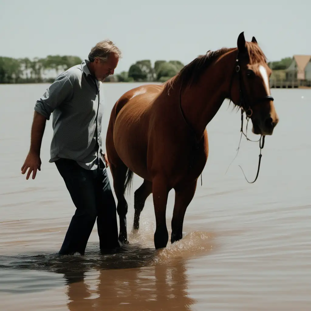 A brown horse being led to water by a man
