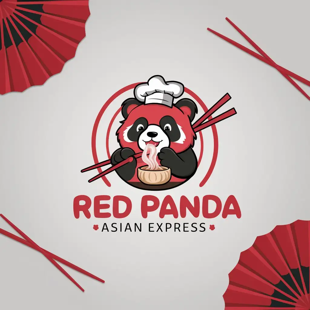 a logo design,with the text "Red Panda Asian Express", main symbol:The logo should include a funny red panda eating something., and red fan illustrations and red chopsticks. Preferred soft red and black,Moderate,clear background