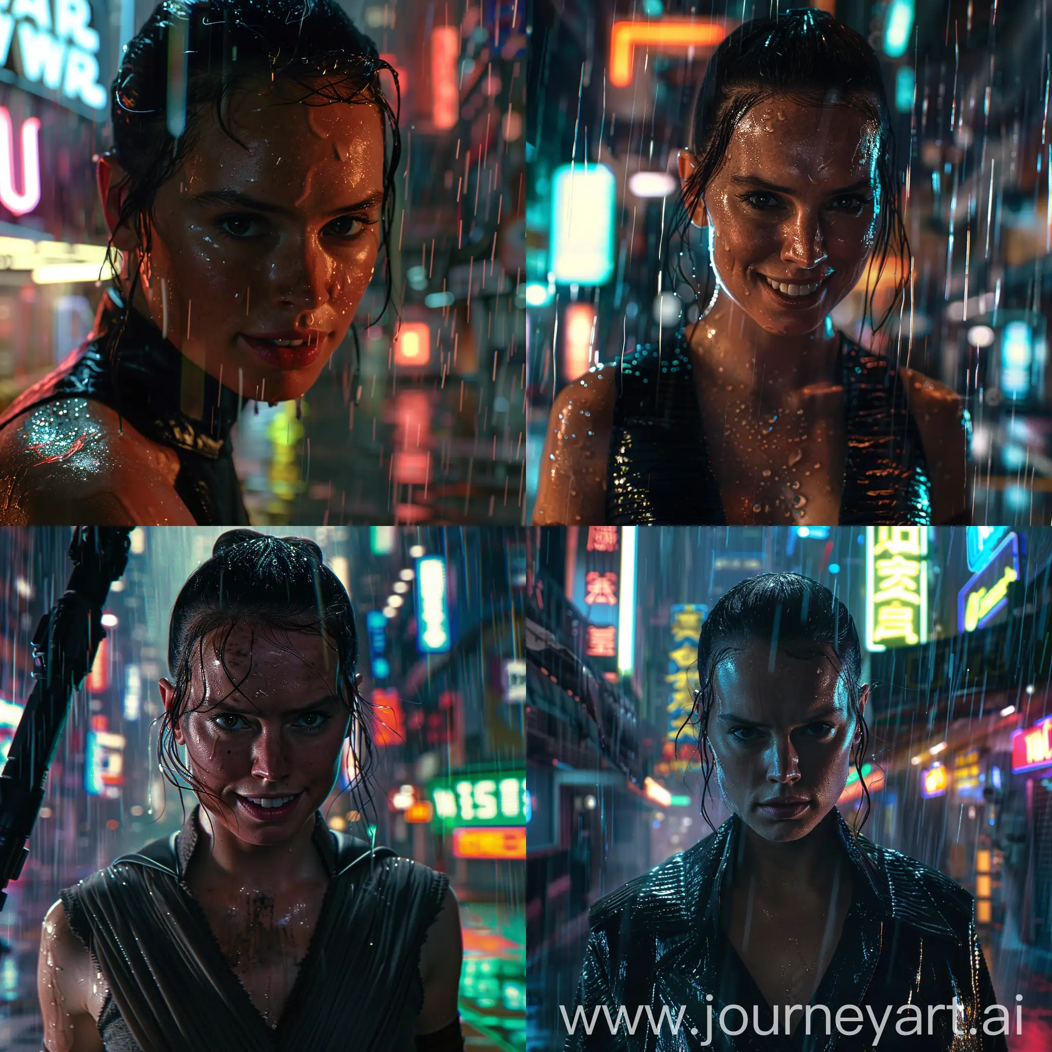 Daisy Ridley With Rey Skywalker's face, With wet  Black leather in cyberpunk city With neon , With neon lights reflecting in her wet face in The strong rain, looking at The camera With irônico smile,  8k resolution 