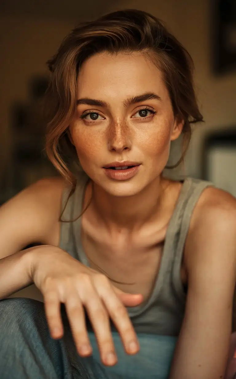  "Portrait of a woman, close-up, shallow depth of field, soft natural light, focus on eyes, hand in foreground, artistic composition, freckles, light brown hair, wearing a tank top, indoor setting, relaxed and casual, warm tones" shot by Marat Safin. (The input is already in English, so no translation is needed.)