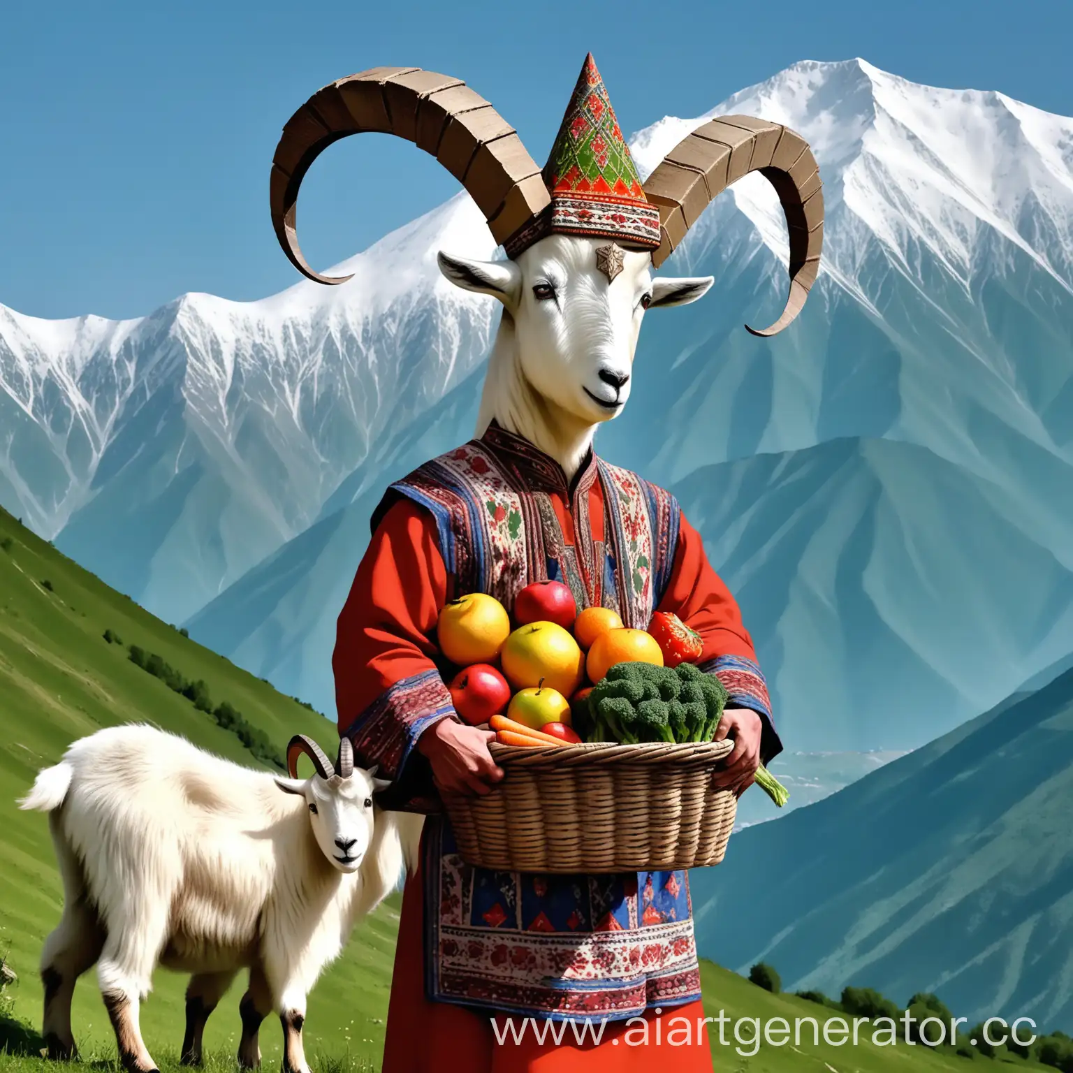 Caucasian-Mountain-Goat-in-Traditional-Attire-Holding-a-Basket-of-Fresh-Produce