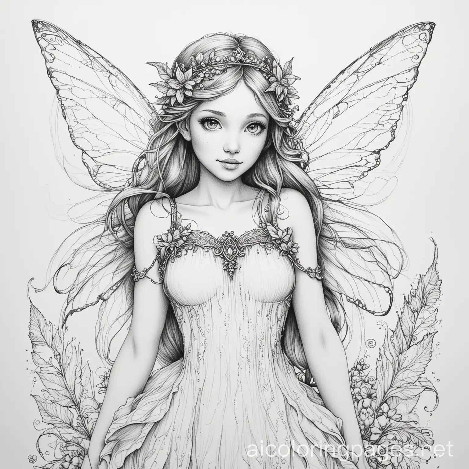 Fairy, Coloring Page, black and white, line art, white background, Simplicity, Ample White Space