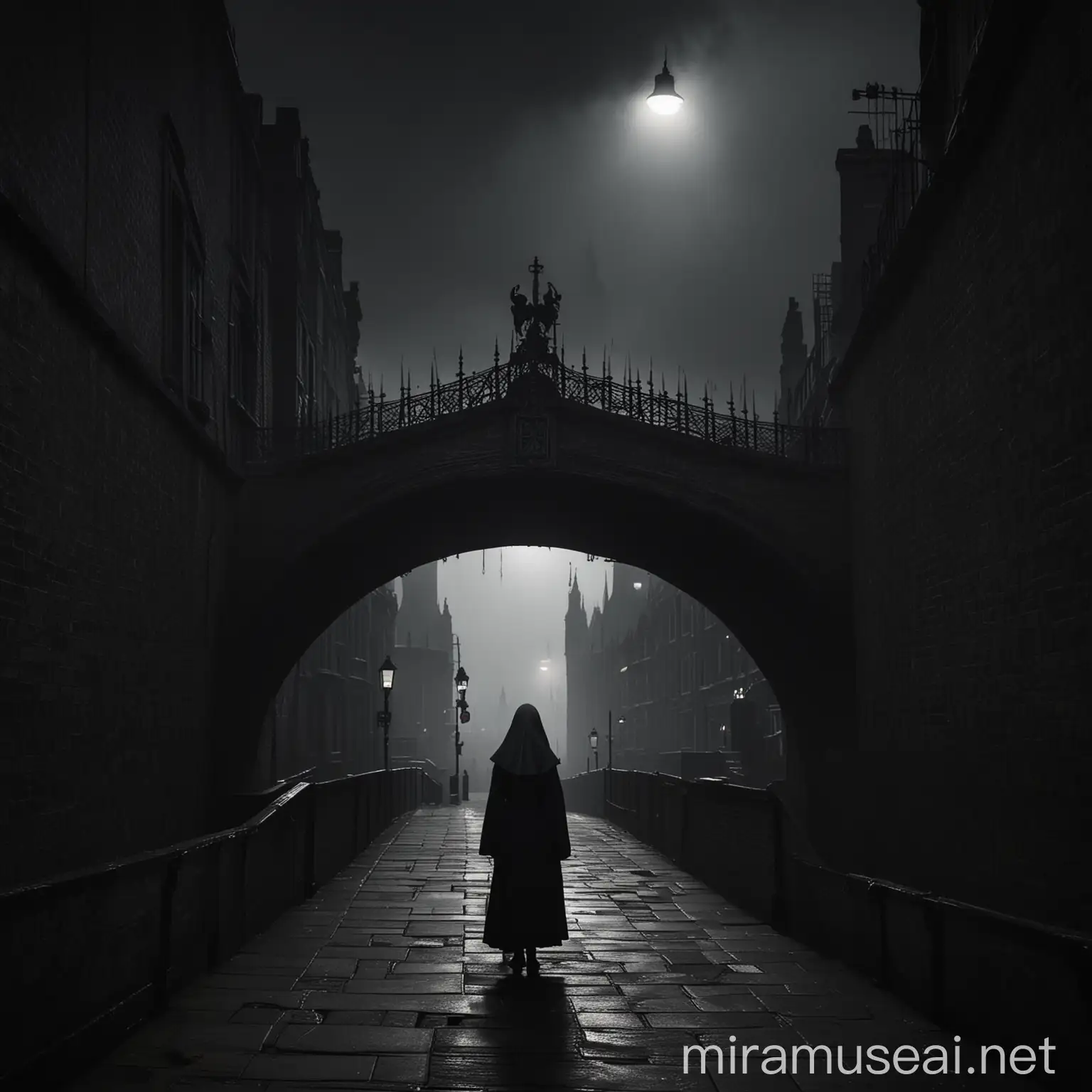The silhouette of London Bridge in a dark and mysterious atmosphere, with a detail symbolizing the nun's spiked head.
