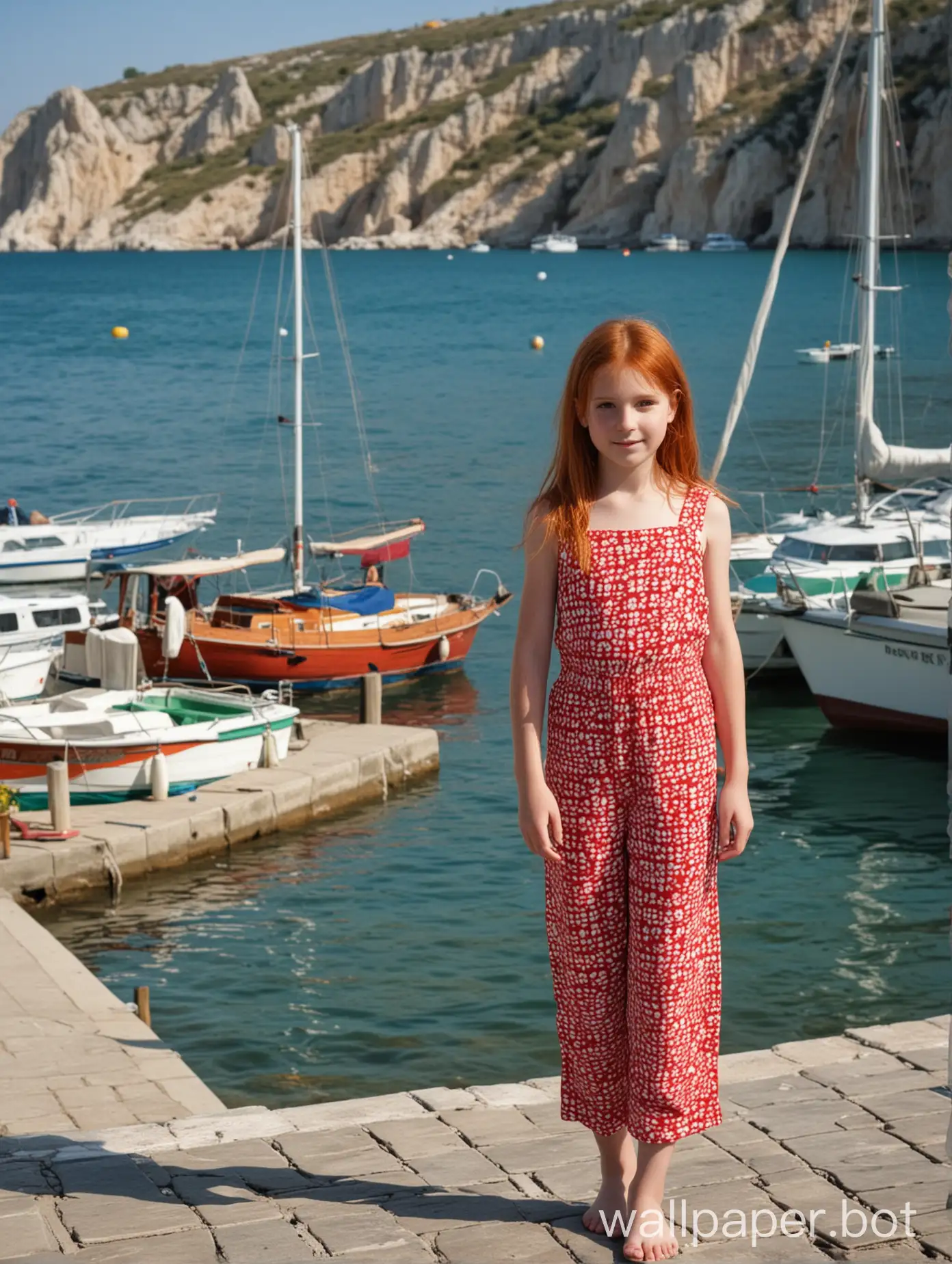 Crimea, view of the waterfront with boats and yachts, a red-haired girl 10 years old in a jumpsuit on a bare body, in full growth