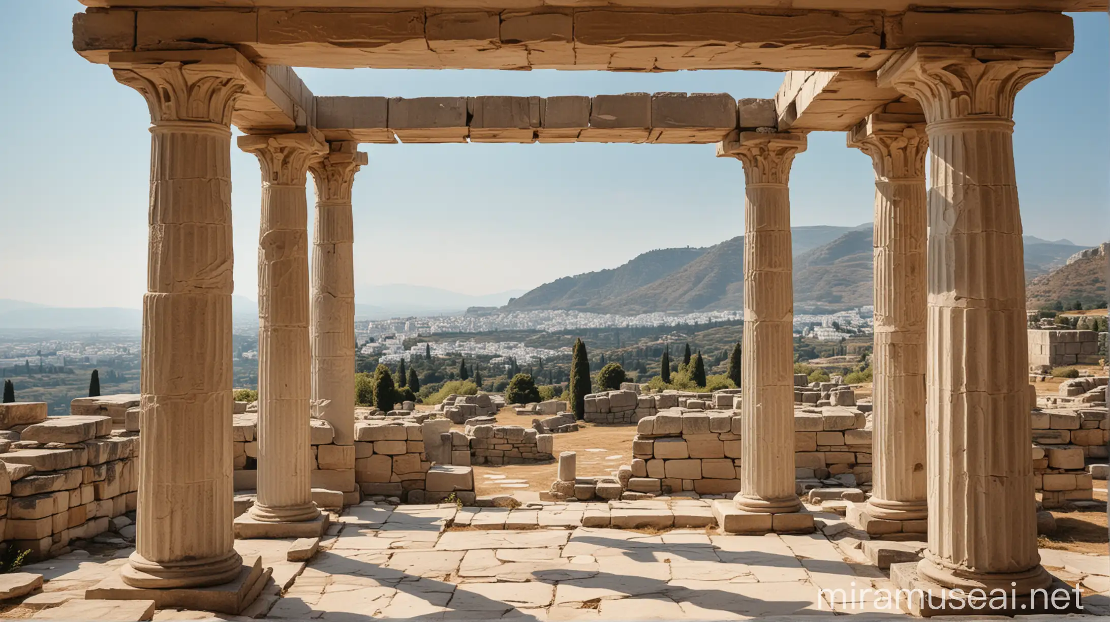 in the Greek temple there are three Greek columns connected to each other by a lintel. in the background is a landscape on a sunny day
