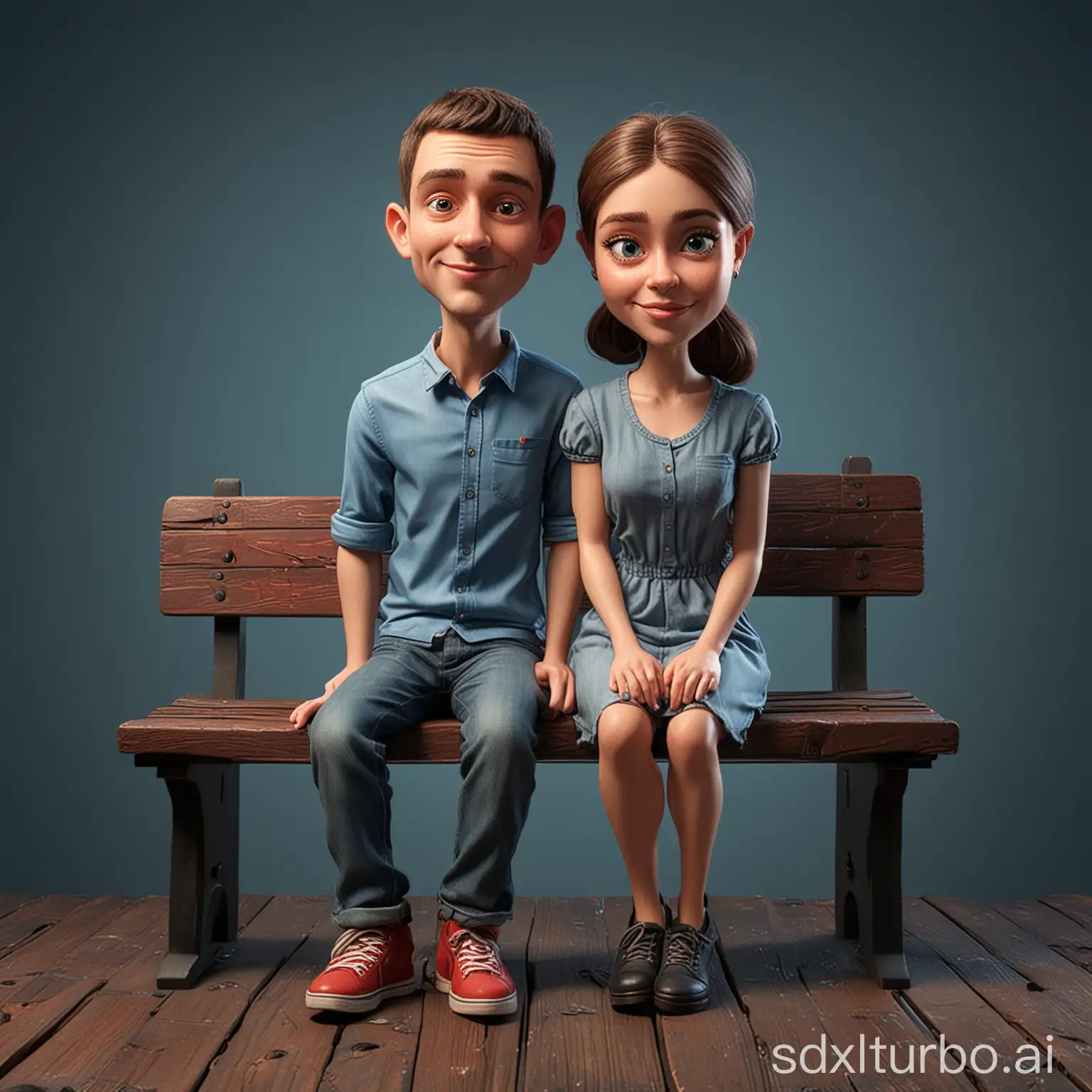 Create a realistic 3D cartoon style full body caricature with a big head. A young couple is sitting on an old black wooden bench. The background is reddish blue. use soft photographic lighting.