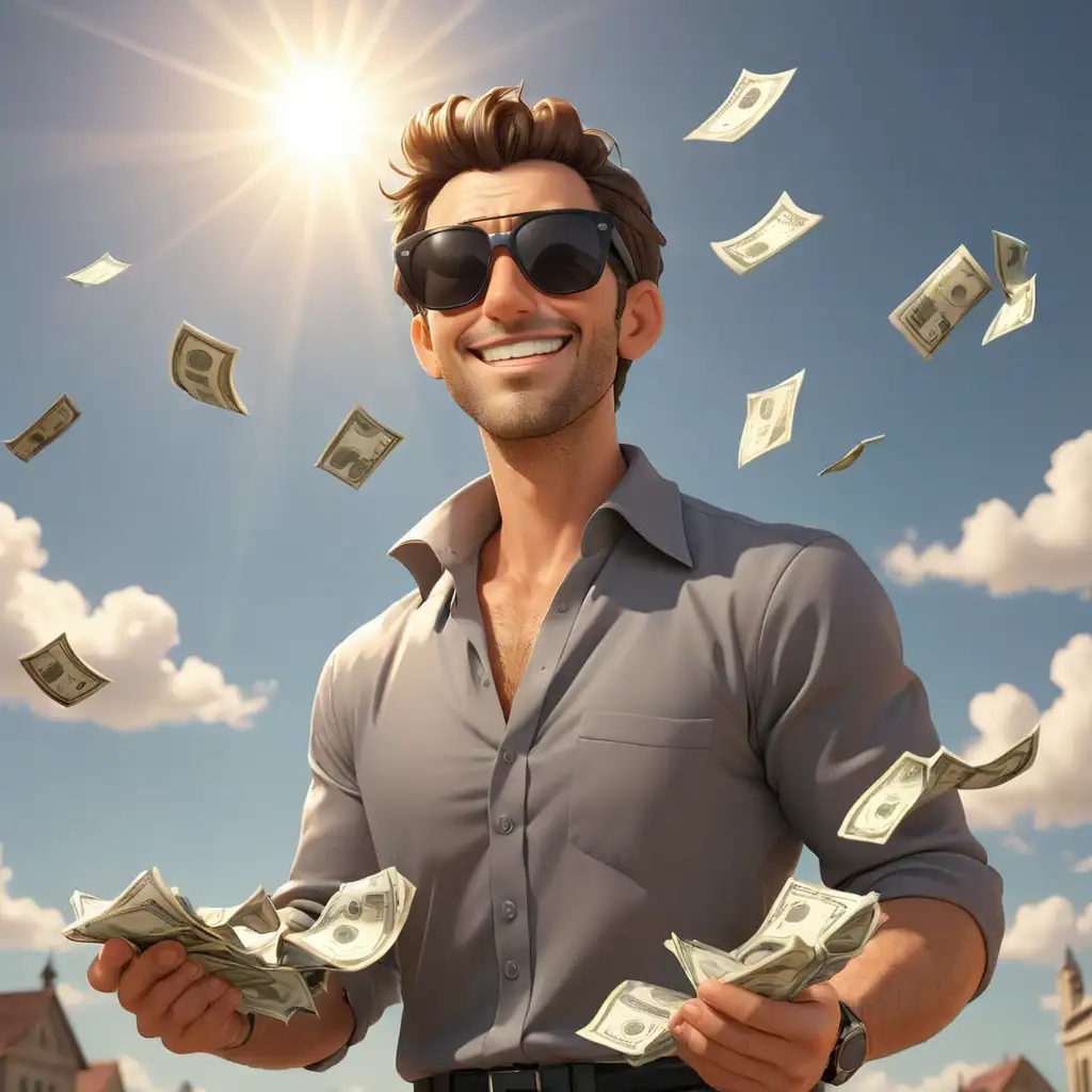 мультяшный красивый мужчина в  солнцезащитных черных очках ловит деньги с неба 