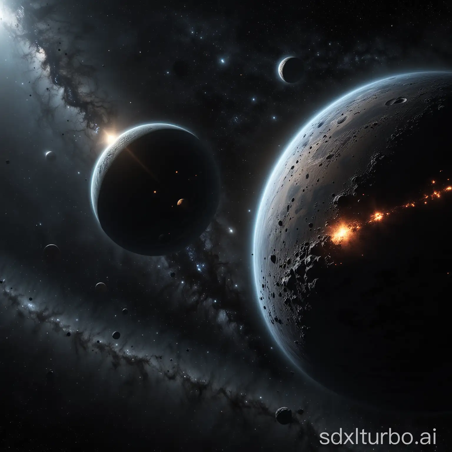 a gas planet with a asteroiden belt in front of a star field, super detailed, dark atmosphere, view from space