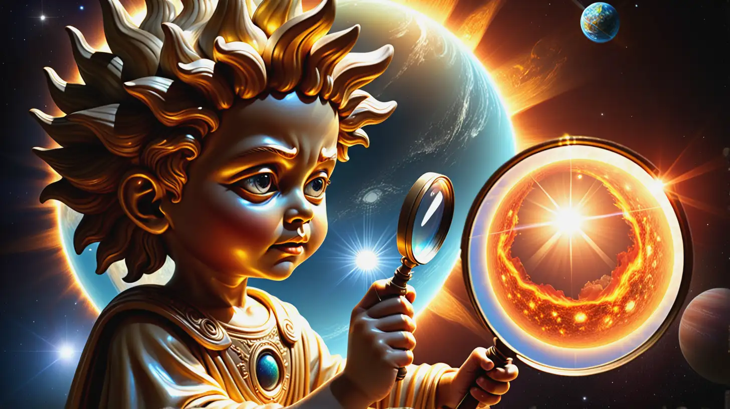 a picture of a child deity with a magnifying glass, next to a planet, depicted as if they are using the sun through the magnifying glass to send a beam of intense light to specific place on the planet.