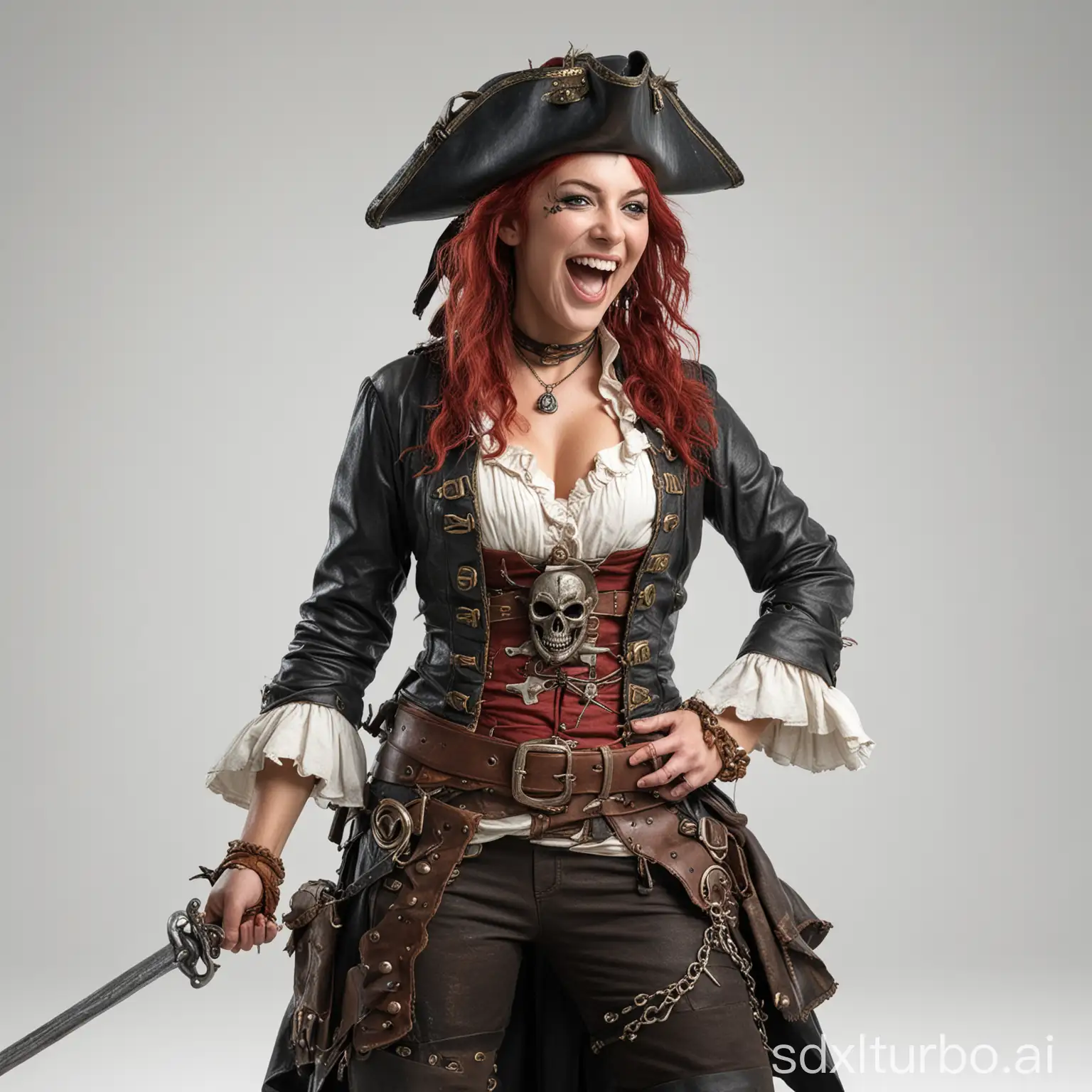 Swashbuckling laughing female Pirate Redd on a plain white background. This is a full body photo realistic high resolution image with sharp clean subject focus