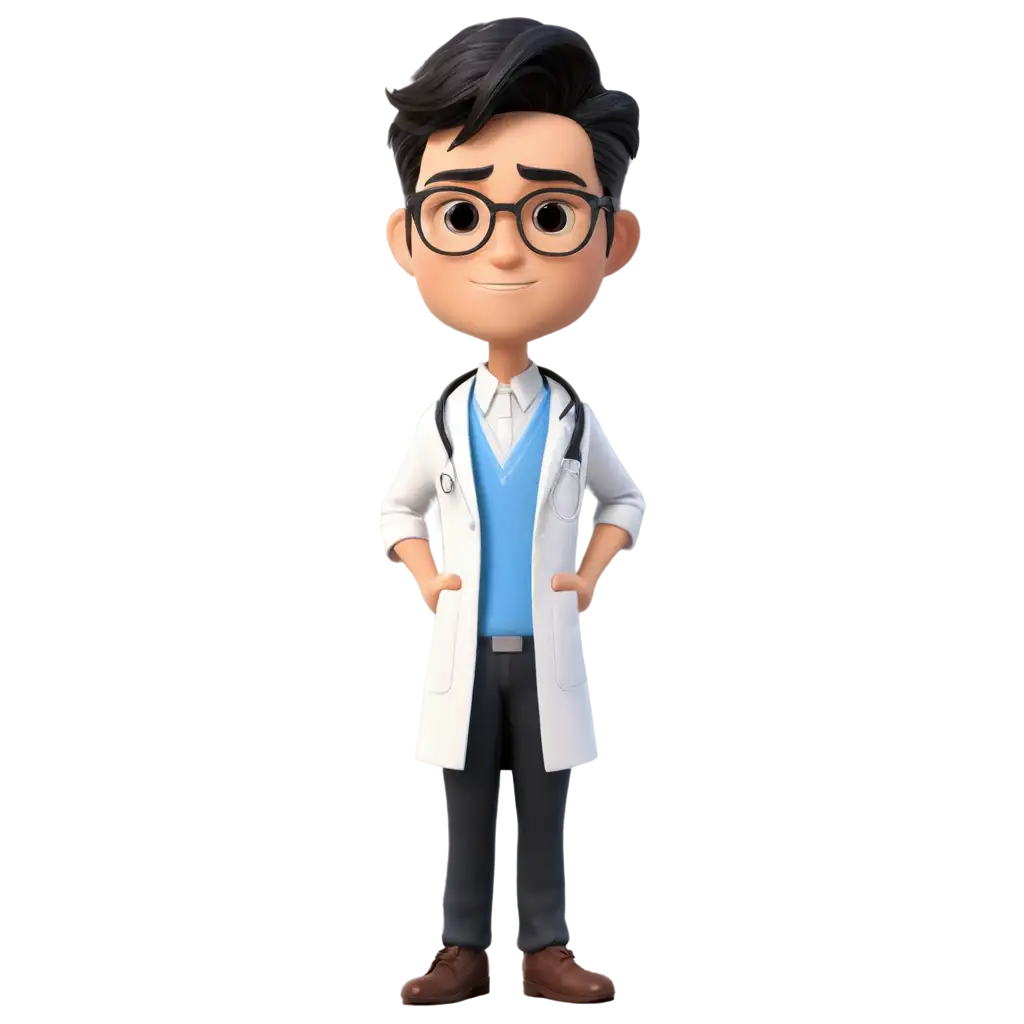 Cute animated male doctor with glasses, asian, black haired slick back