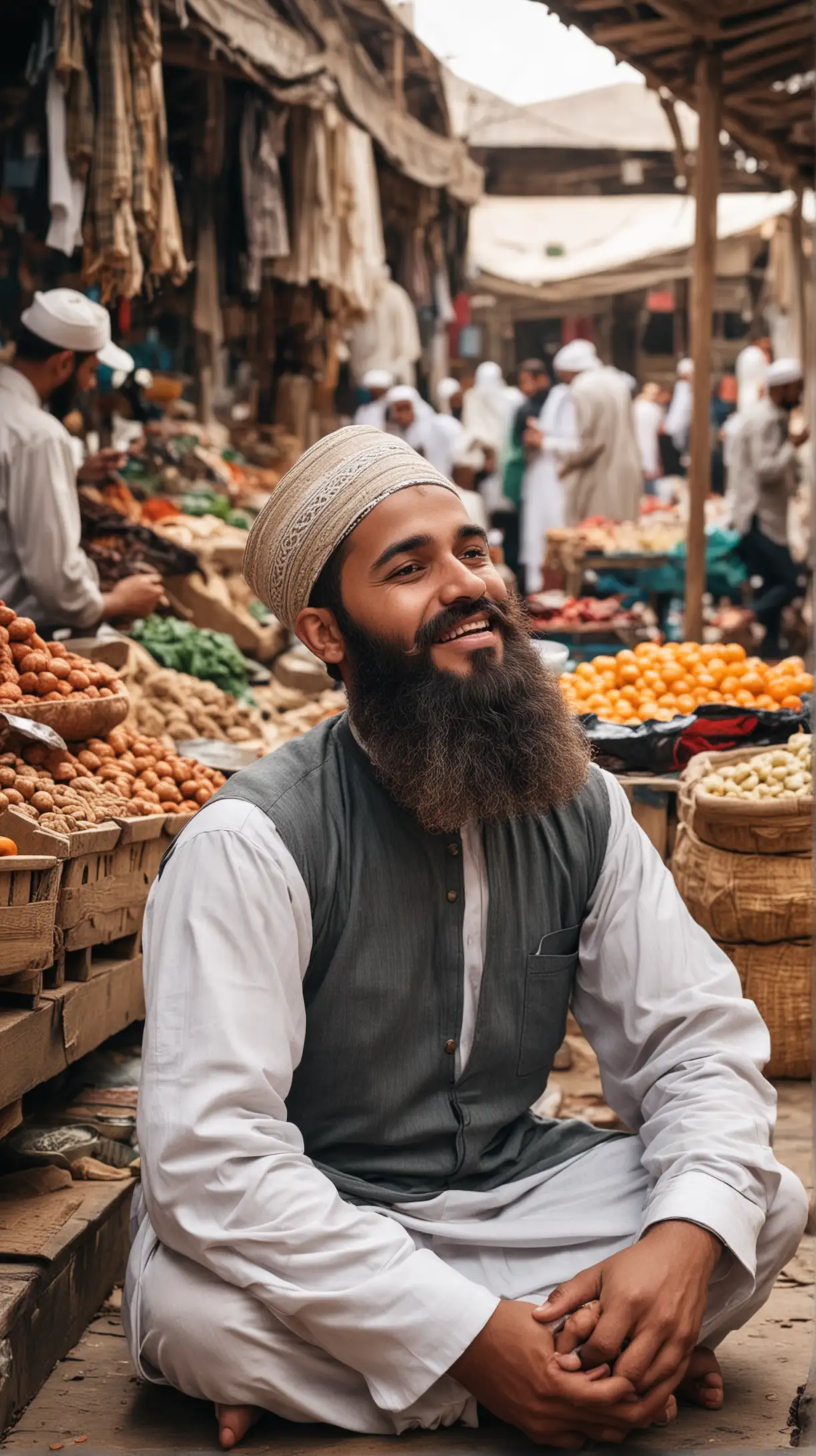 a beard muslim man sitting in a market and praising lord