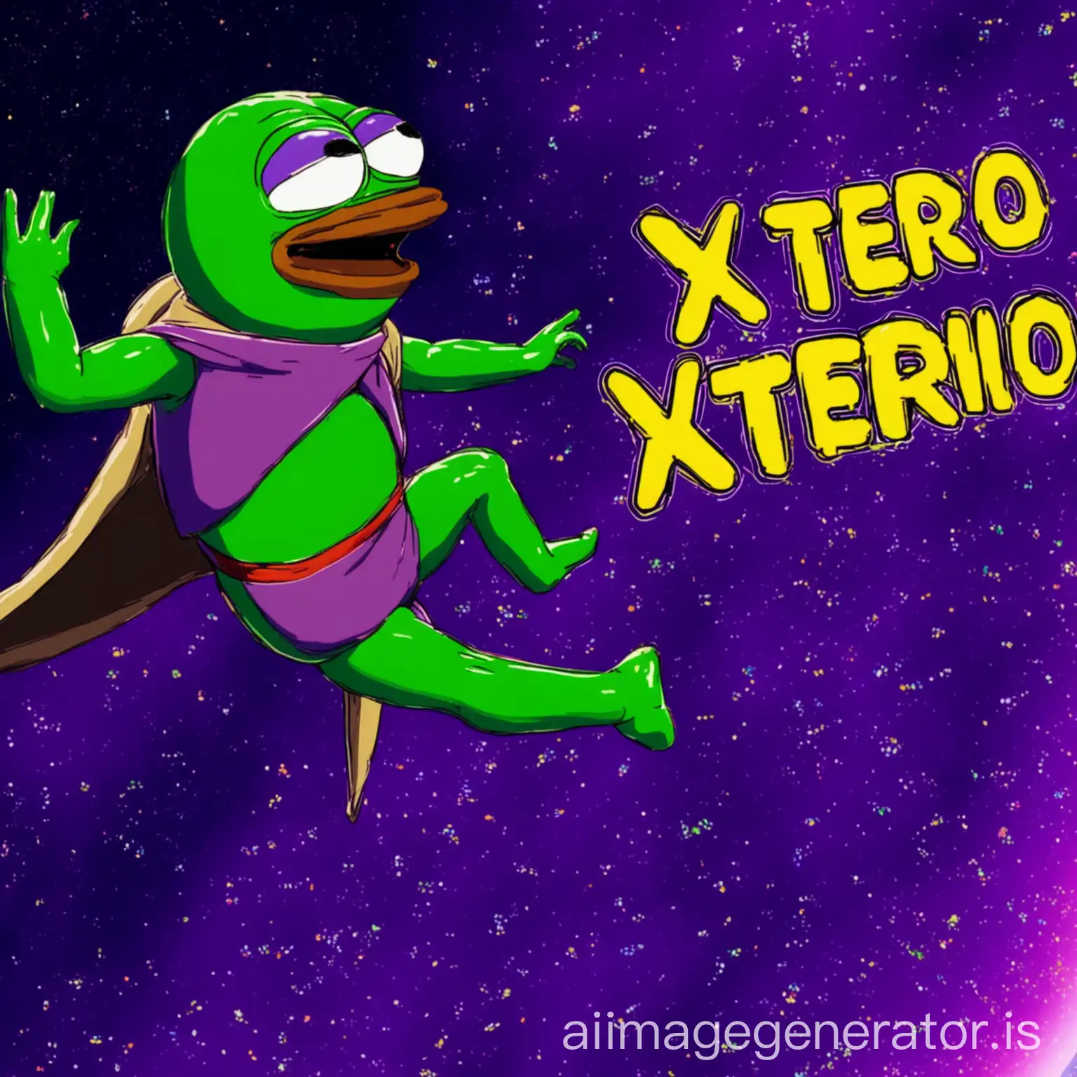 Vibrant-Purple-Space-with-XTERIO-Text-and-Flying-Pepe-Memes